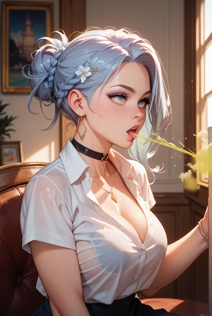 ((1 female)), (fucked), (long hair with ponytail), Blue eyes,(fox ears:1.1), ((bloack office lace lingerie:1.2)), (big breasts:1.3), busty, blush, (cum:1.5), (fullbody), looking at viewer, overflowing, (fullbody), hot pose,( orgasm:1.3), ((open back)), doggy style