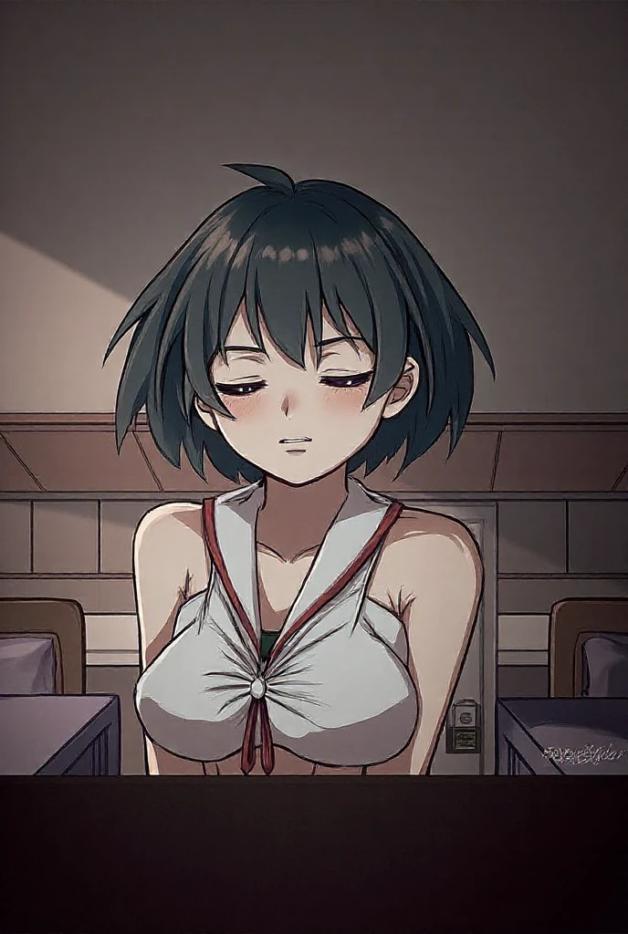 [anime styled],[official art],Tomomi_saikyou,red eyes,black hair,Short hair,Hair Ribbon,classroom,NSFW,1girl in,(upper body),close up,from below,short torso,Perfect Lighting,nude,topless,(nipples),,anime screen cap,Flat color,cel shading,smile,, (underwear:1.2), (strong light)、((brighten the subject)),blush,oily skin,curby:1.2,(pink striped panties),sexy pose