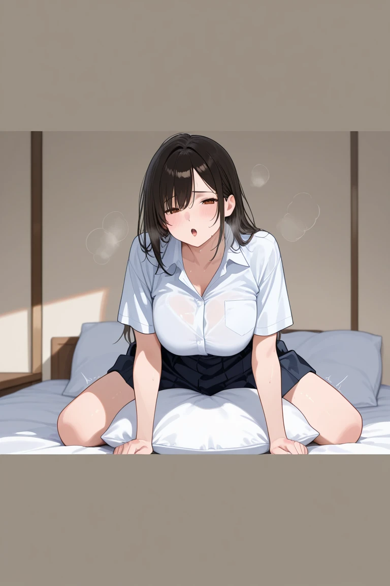8K、masterpiece、hight resolution、absurderes、Natural Volumetric Lighting And Best Shadows、Deep Depth Of Field、foco nítido、soft delicate beautiful attractive face、Cute Girl Anime、(((1 man and 1 girl、Having sex)))、(cowgirl position:1.3), Very cute 16 year old girl、length hair、(Almost closed eyes)、medium breasts with cleavage,、a wet body:1.2、Wearing sweat、(Wet thin blouse、The chest is fluttering)、(trembling:1.5、blush、open open mouth、Stick out your tongue、drool flows)、 Semen in the crotch and thighs、One man is lying in bed、a bed