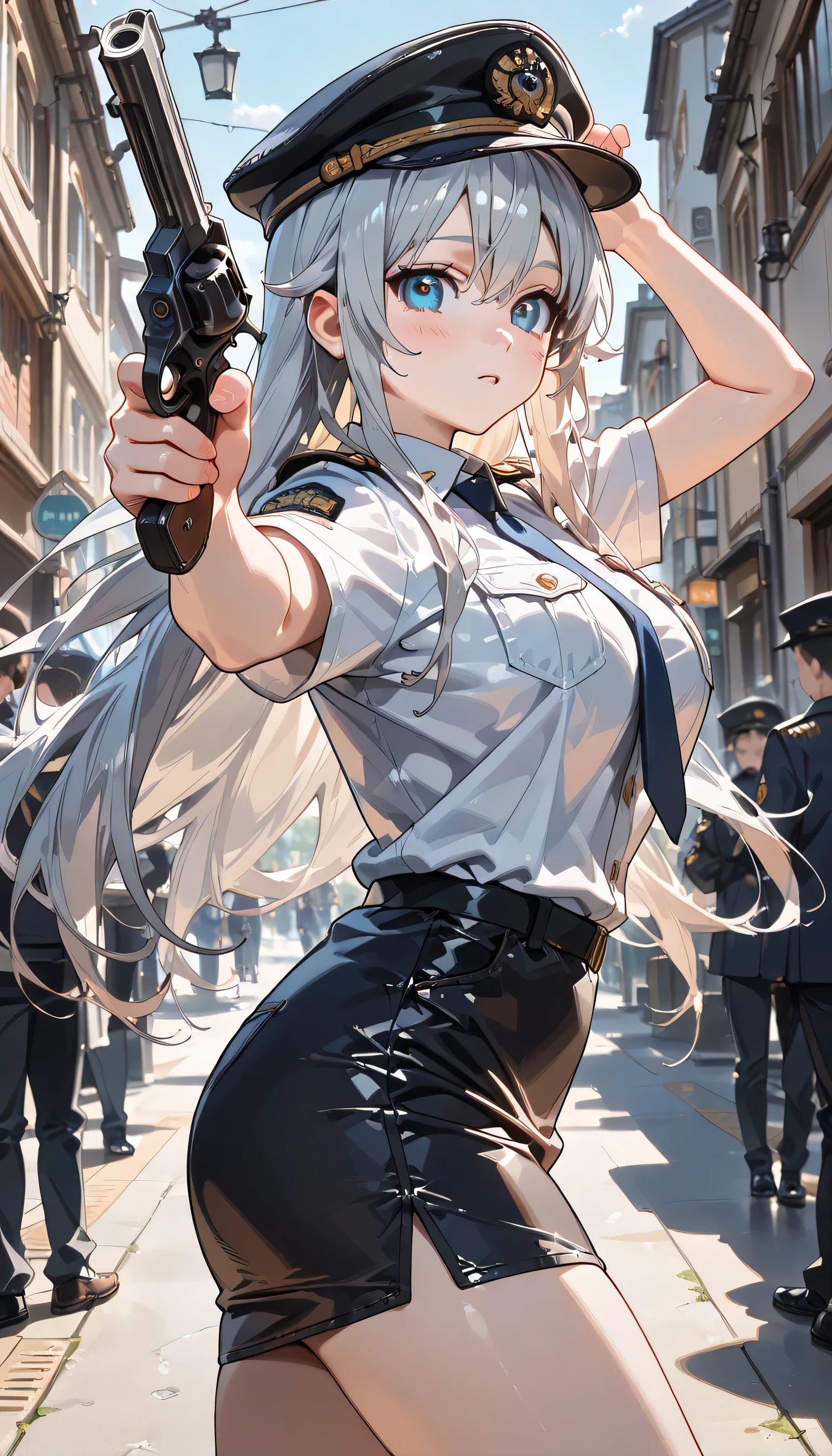 ((ultra-detailed)), (highly detailed CG illustration), (best quality:1.2), ultra-highly detailed, colorful composition, artistic photoshoot, 1girl, solo focus, thigh to top, cowboy shot, moe anime character, girl, dainty facial structure, baby face, round face, rounded chin:1.2, ideal ratio body proportions, celia-default, celia claire, blue eyes, sparkle eyes, silver hair color, two slde up, serious, police officer with light blue, captain visor cap with light blue, navy blue tie, tight skirt with light blue, (holding a revolver gun:1.3), standing by the city area, dynamic pose:1.1, contrapposto pose, from side, best quality, masterpiece, pink cheek, blush, light pink gloss slip, portrait, depth of field, sunshine, backlight, shine, lighting, caustics, ray tracing, perfect face, lustrous skin, highly detailed face, highly detailed eyes, perfect face, perfect nose, perfect hair, perfect eyes, perfect anatomy, beautiful hair, beautiful small face, extremely detailed face, beautiful detailed eyes, beautiful clavicle, beautiful body, beautiful huge breasts, leavage, breasts squeezed together, equalize the size of the left and right breasts, beautiful thin thighs, beautiful legs, beautiful fingers, 4 fingers, 1 thumb, lovely, (very detailed background:1.0), (highly detailed background:1.0), battlefield aesthetic, intricate details, war atmosphere, battlefield colors palette, chromatic aberration