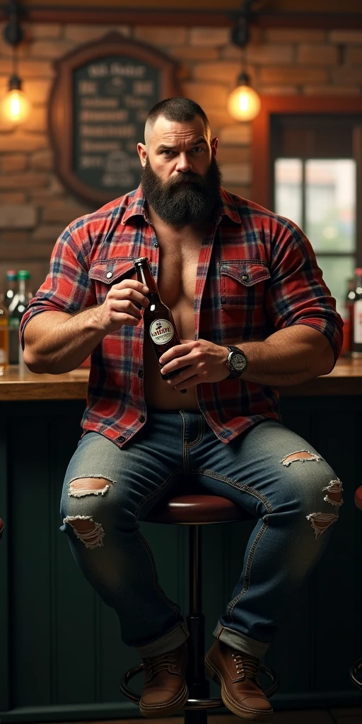 Young handsome cute beautiful skinny white face without shirt with cowboy in a bar with beer in his hand from behind with black jeans lowering his pants shows a part of his intimate butt sitting on an armchair cute face with a millionaire gentleman