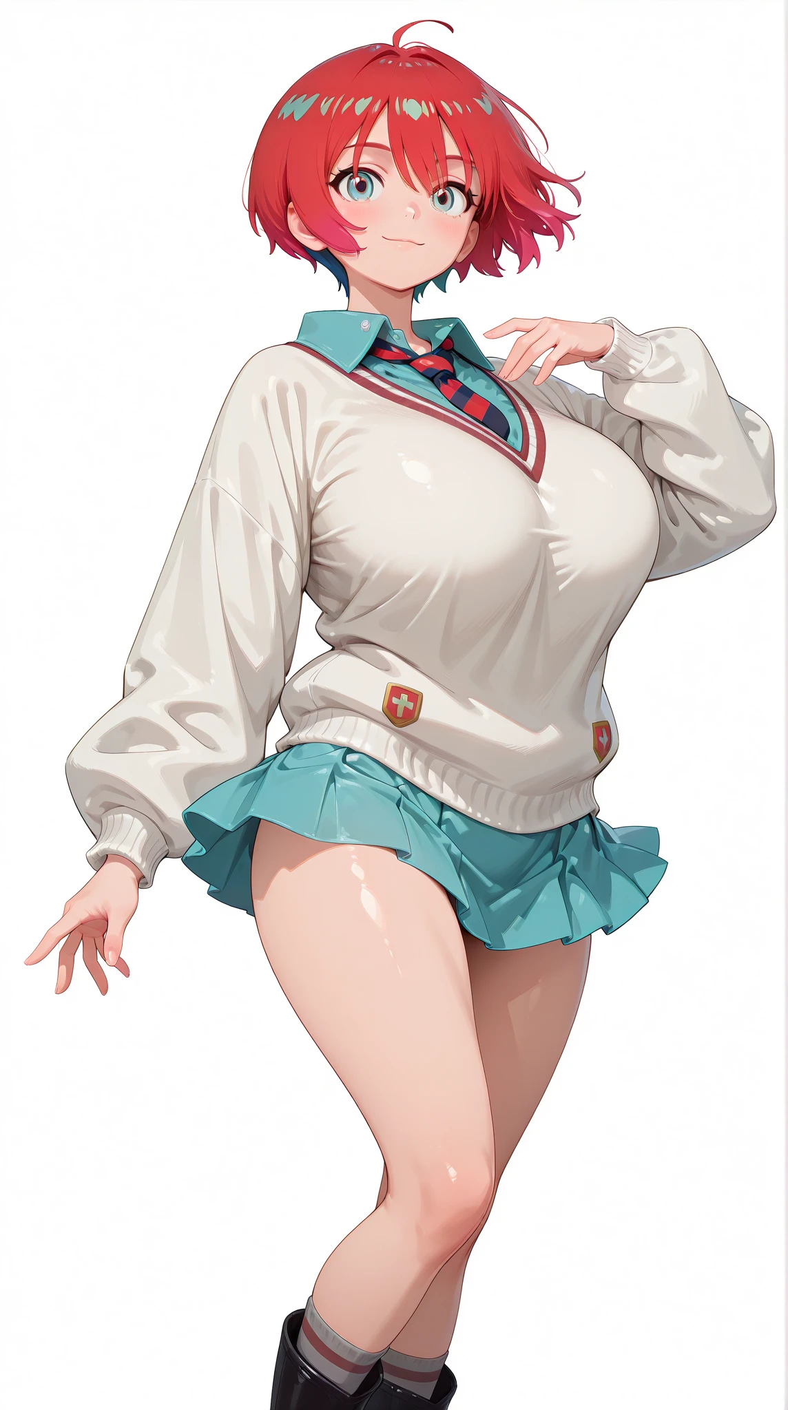 (masterpiece, best quality:1.2), full body, 1girl, kyoko \(rcg\), grin, arms behind head, school uniform, letterman jacket, white shirt, red necktie, pleated skirt, kneehighs, blue sneakers, best quality, highly detailed, masterpiece, official art, detailed eyes, deep eyes, 1girl, , ass_on_wall, , big breast, big thighs, big butt, , misako \(rcg\), white shirt, shirt tucked in, red necktie, long sleeves, black shorts, green thighhighs, pink footwear, pink backpack