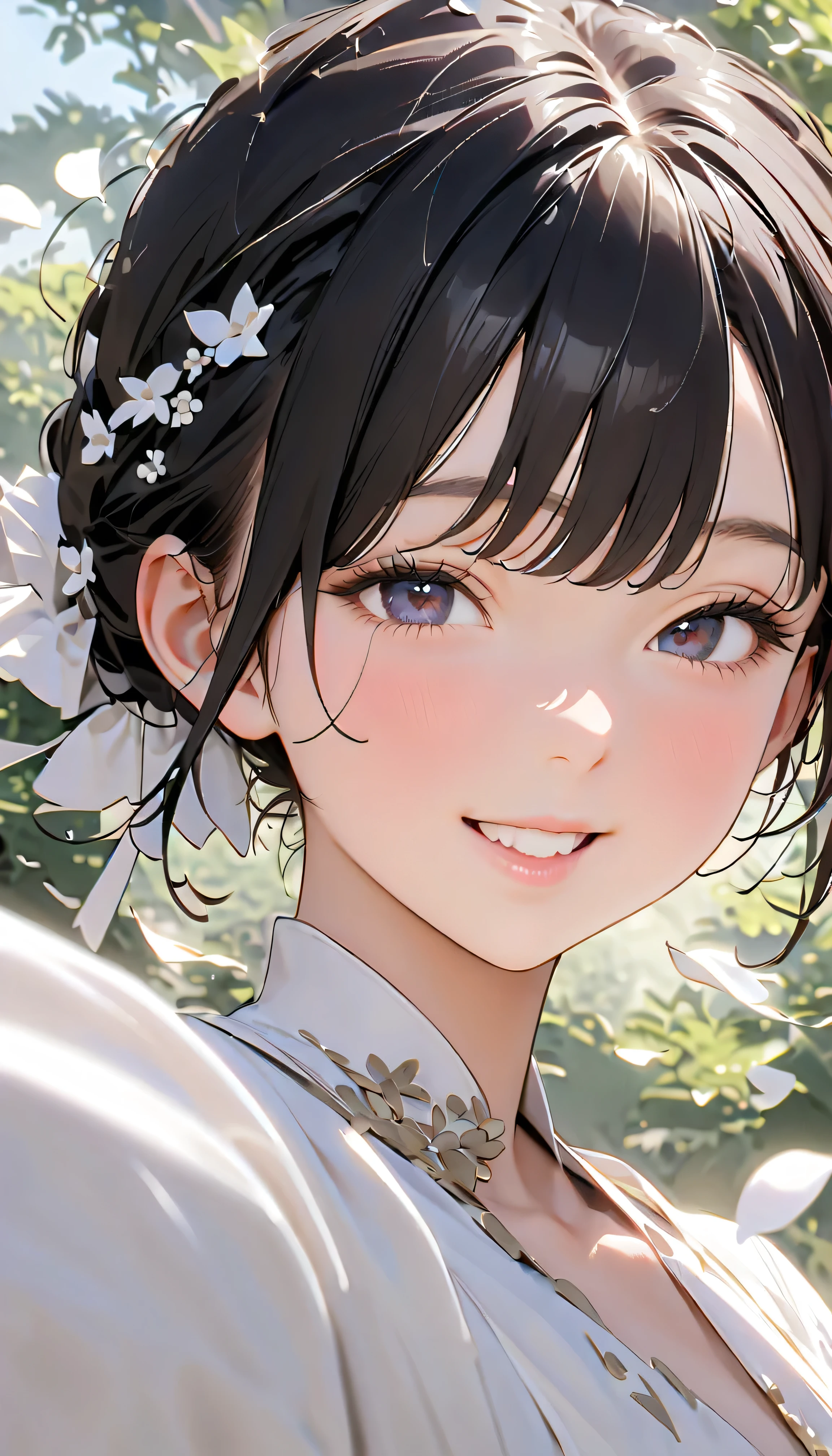 (Highest Quality:1.2, 非常にdetailsな, newest, Highest Quality, Best Aesthetics), 8K Ultra HD, 非常にdetailsな, details, Bold composition, (perfect human structure), beautiful and very delicate texture, (energetic, Digital Coloring, high contrast, masterpiece:1.2, Highest Quality, Best Aesthetics, wind), (white petals dance:1.2, ファンタジーのwind景:1.4), white petal background, delicate and dynamic, fantastic, Romantic and sweet style, コンセプトアートwind, Blessed Virgin Mary white dress, bright light, Beautiful World, New World, そよwindで舞う, accurate, dynamic angle, angel, 1 woman, upper body shot, black hair, young, textured skin, shiny skin, charming smile, Girl Beauty , Miraculous Beauty Symbol, (((White Flower Hair Accessory, white flower dress :1.2))), 2.5d, realistic