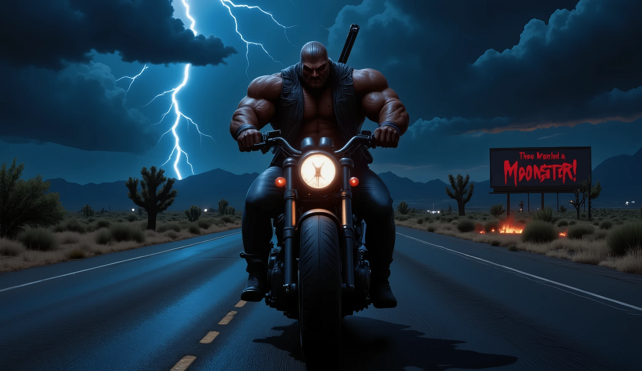 A jacked, muscular outlaw rides a roaring motorcycle through a lightning-lit desert highway at night. His chest and abs are exposed beneath an unbuttoned, worn-out leather jacket, his ripped arms gripping the handlebars with veins bulging. One glowing red eye stares forward, a beast within. A long rifle is strapped across his back, and his body is smeared with dirt and battle scars. The cracked road behind him burns with ghostly blue flames. A shattered billboard on the side reads: “They Wanted a Monster!” in blood-red graffiti. Cinematic dark western horror, high contrast.