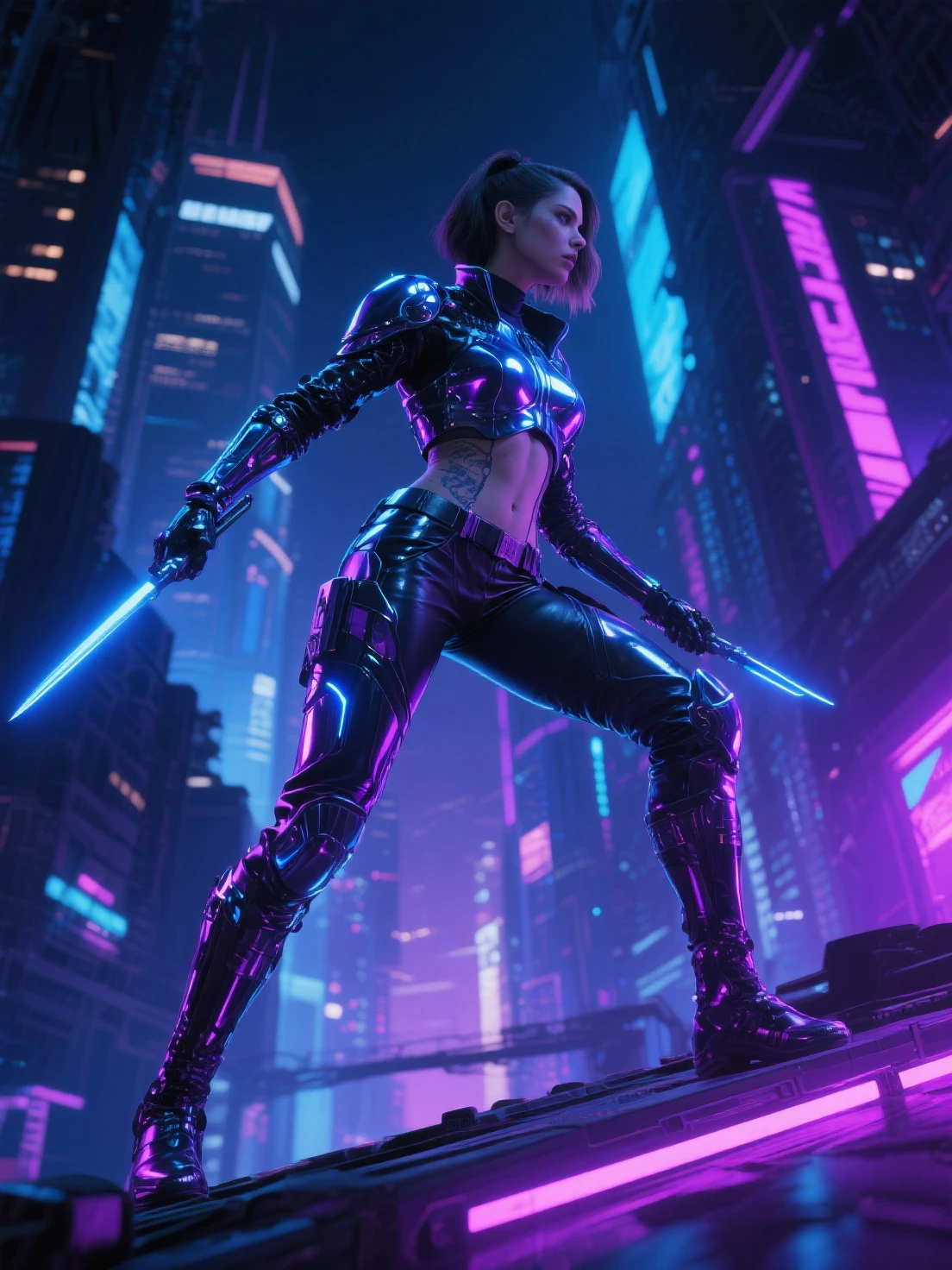 1girl, (beautiful latina woman), tan skin, cyberpunk, cyberpunk style, minidress, looking at viewer, neon lights, science fiction, solo, full body, realistic, (long hair), hair over shoulders, <lora:sdxl_cyberpunk:0.65>, cyberwear, choker, (far shot), wedges, gradient hair, facing viewer, short sleeves, holding katana