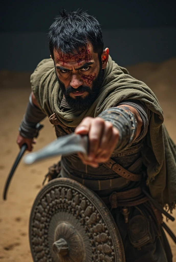 ultra reality, bearded man, short hair, a man standing on a pile of dead humans, holding knives in both hands, bloody hands, injured, some bruises, fighting, in the city, cinematic lighting