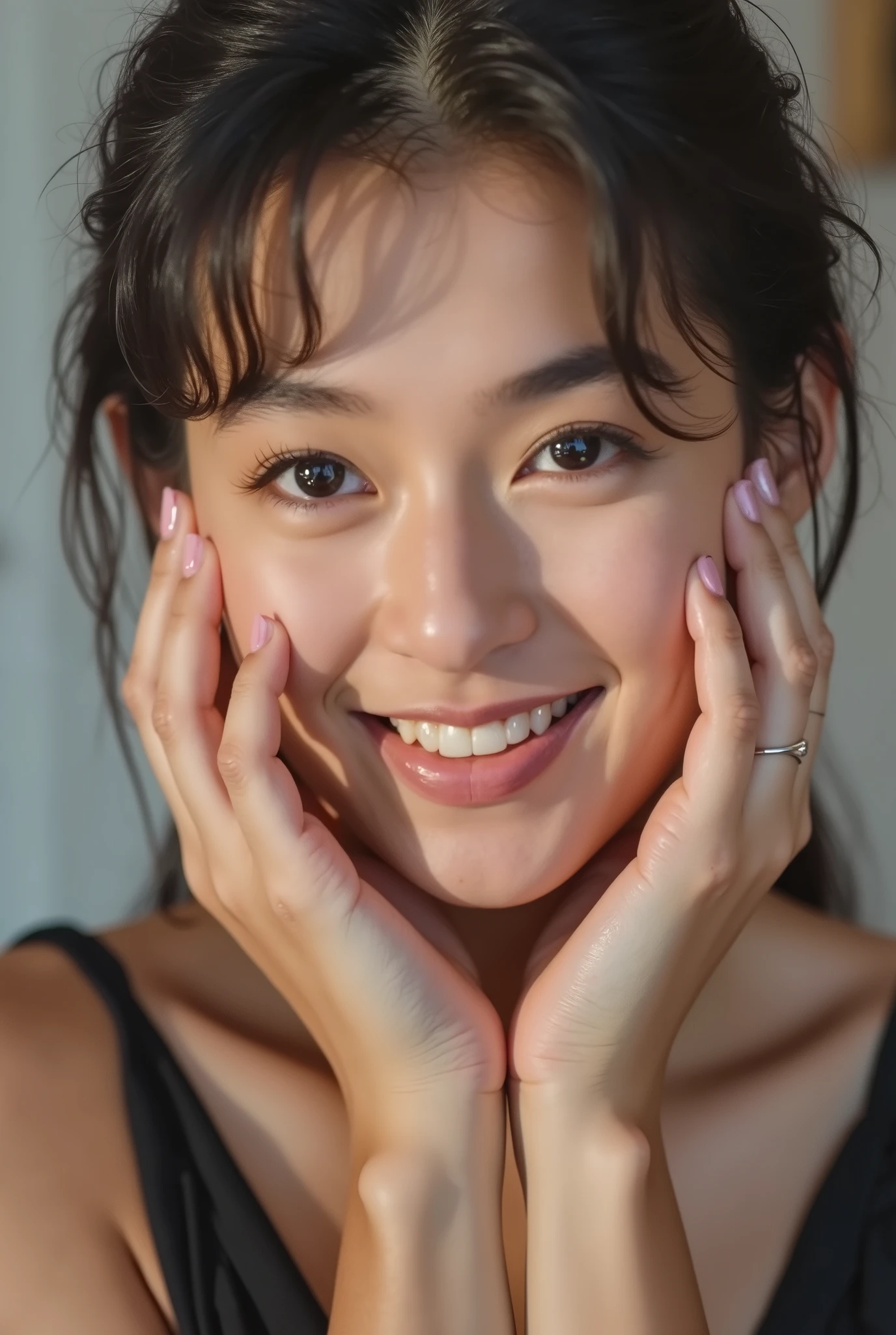 extreme close-up portrait, beautiful girl with her love-struck, radiant face filling the entire frame (95% face ratio), gently placing both open hands on her flushed cheeks with soft fingers, soft black camisole, white blurred background, eyes dreamy and half-lidded, deeply adoring gaze fixed straight at the viewer, irises ultra-detailed with intricate rainbow reflections and glowing catchlights, moist and sparkling eyes as if about to tear up from overwhelming joy, soft melting smile revealing slightly parted lips and upper teeth, skin with visible soft pores, realistic skin texture with warm lighting and subtle shadows, delicate eyelashes, glossy lips with natural highlights, cheeks glowing with deep blush, cinematic soft lighting, lifelike expression full of romantic euphoria, overflowing with happiness, warmth, and pure affection, subtly tilting her head as if whispering a name in total bliss, ultra photorealistic, masterpiece, 8K, hyperreal detail, skin pores, detailed iris texture, cinematic mood
