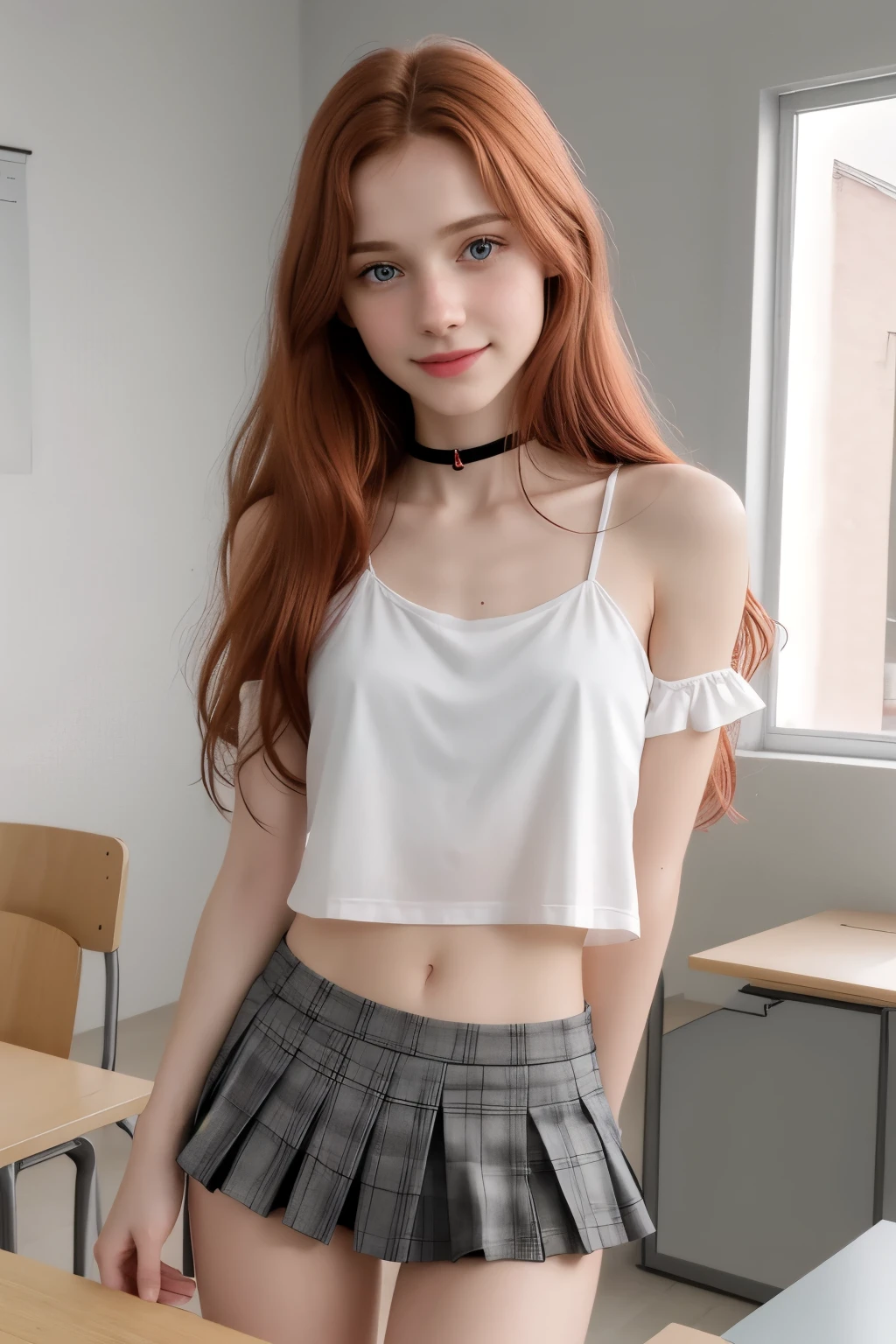 RAW photo,( skinny redhead girl:1.2), age13, wearing a sheer school shirt and pleated skirt, in a classroom, (best quality, high quality), hyperdetailed, highres, high detail, intricate detail, HDR, 8k, sharp focus, detailed background, perfect hands, realistic eyes, detailed skin texture, (blush:0.5), (goosebumps:0.5), subsurface scattering, 16K, ultra high res. photorealistic, HDR, UHD, DSLR, RAW, cinematic lighting, dimples on the cheeks , blush, graphic eyeliner , rouge, ( lipstick:0.6), (choker:0.9), Realistic skin texture , (red:0.8), warm lighting , cozy atmosphere, instagram style, Not suitable for work , naive, shy, , delgado, fit, beautiful, beautiful, pale skin, Photorealistic, skinny bodie, smiling happily, very long red hair with hair ties. (toned arms:1.1) Beautiful detailed face, small tit, thin girls, thin girl, skinny girl.