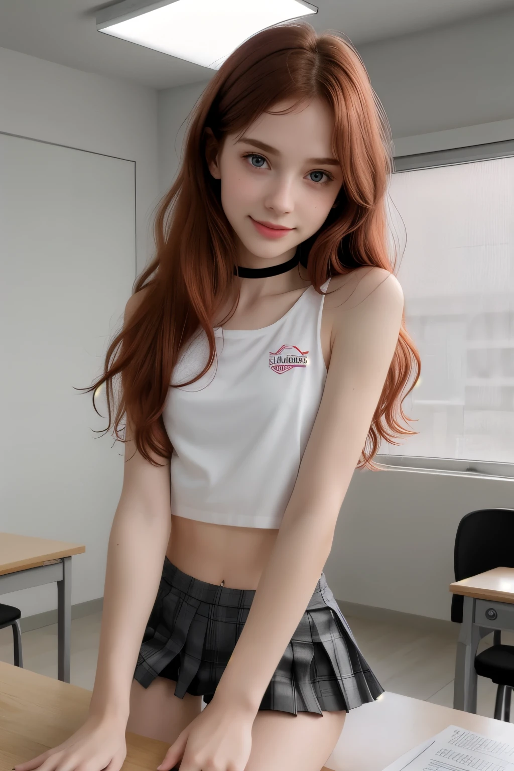 RAW photo,( skinny redhead girl:1.2), age13, wearing a sheer school shirt and pleated skirt, in a classroom, (best quality, high quality), hyperdetailed, highres, high detail, intricate detail, HDR, 8k, sharp focus, detailed background, perfect hands, realistic eyes, detailed skin texture, (blush:0.5), (goosebumps:0.5), subsurface scattering, 16K, ultra high res. photorealistic, HDR, UHD, DSLR, RAW, cinematic lighting, dimples on the cheeks , blush, graphic eyeliner , rouge, ( lipstick:0.6), (choker:0.9), Realistic skin texture , (red:0.8), warm lighting , cozy atmosphere, instagram style, Not suitable for work , naive, shy, , delgado, fit, beautiful, beautiful, pale skin, Photorealistic, skinny bodie, smiling happily, very long red hair with hair ties. (toned arms:1.1) Beautiful detailed face, small tit, thin girls, thin girl, skinny girl.