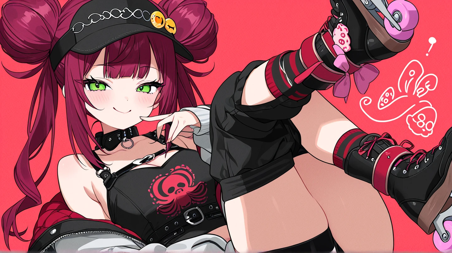woman, curly red pixie cut hair, green eyes, wearing crop top black shirt, long black jacket, red plaid skirt, (black knee high boots), black fingerless gloves, exposed shoulders, (full body), large breasts freckles, cleavage, abs, looking at viewer, masterpiece, best quality, an14, Holo-Punk Style, sitting cross legged