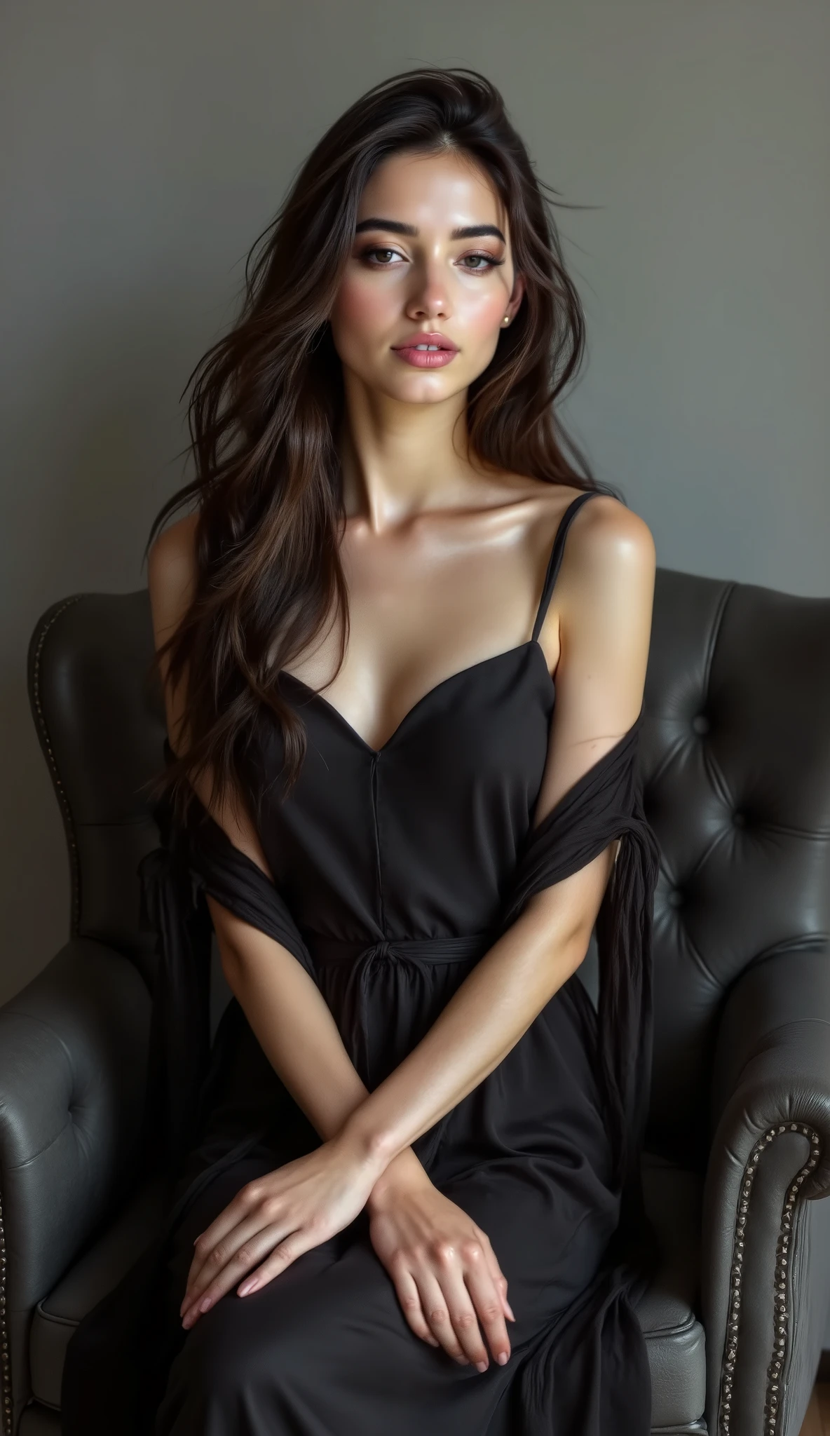 close up, a beautiful girl in black cloth is sitting on sofa ,look at camera