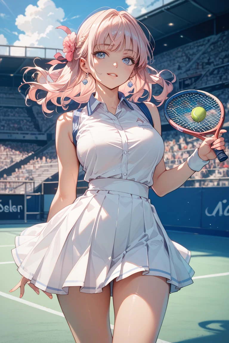 ((masterpiece)), (top quality), (best quality), ((ultra-detailed, 8k quality)), Aesthetics, Cinematic lighting, pastel colors, cute colors, Pop colors, blured, color core, Soft, vibrant color, ((pastel)), (clear line art), absurdres, (best composition), (high-resolution), (depth of field:1.2), 
BREAK,
Anime art of elf girl, tennis, (tennis girl), tennis dress, tennis skirt, cap, outdoors, sunny, (tennis racket), young girl, beautiful girl, happy, stunning detail, detailed environment, trending on artstation, ray-traced environment, Niji Style, cinematic dramatic atmosphere, 
BREAK,
highly detailed of (elf), (1girl), solo, perfect face, details eye, ahoge, ponytail, white shining hair, (forehead), medium hair, [[floating hair]], blue eyes, shining eyes, (beautiful detailed eyelashes, eyeshadow, pink eyeshadow), smile, Concept art by Mikimoto Haruhiko, by Kawacy, By Yoshitaka Amano,
BREAK, 
((perfect anatomy)), (perfect body), Abs, (medium breast), perfect hands, perfect face, beautiful face, beautiful eyes, perfect eyes, (perfect fingers, deatailed fingers), correct anatomy, perfect legs, skinny, Perfect Racket tennis, intrincate detail Racket, 1racket tennis,