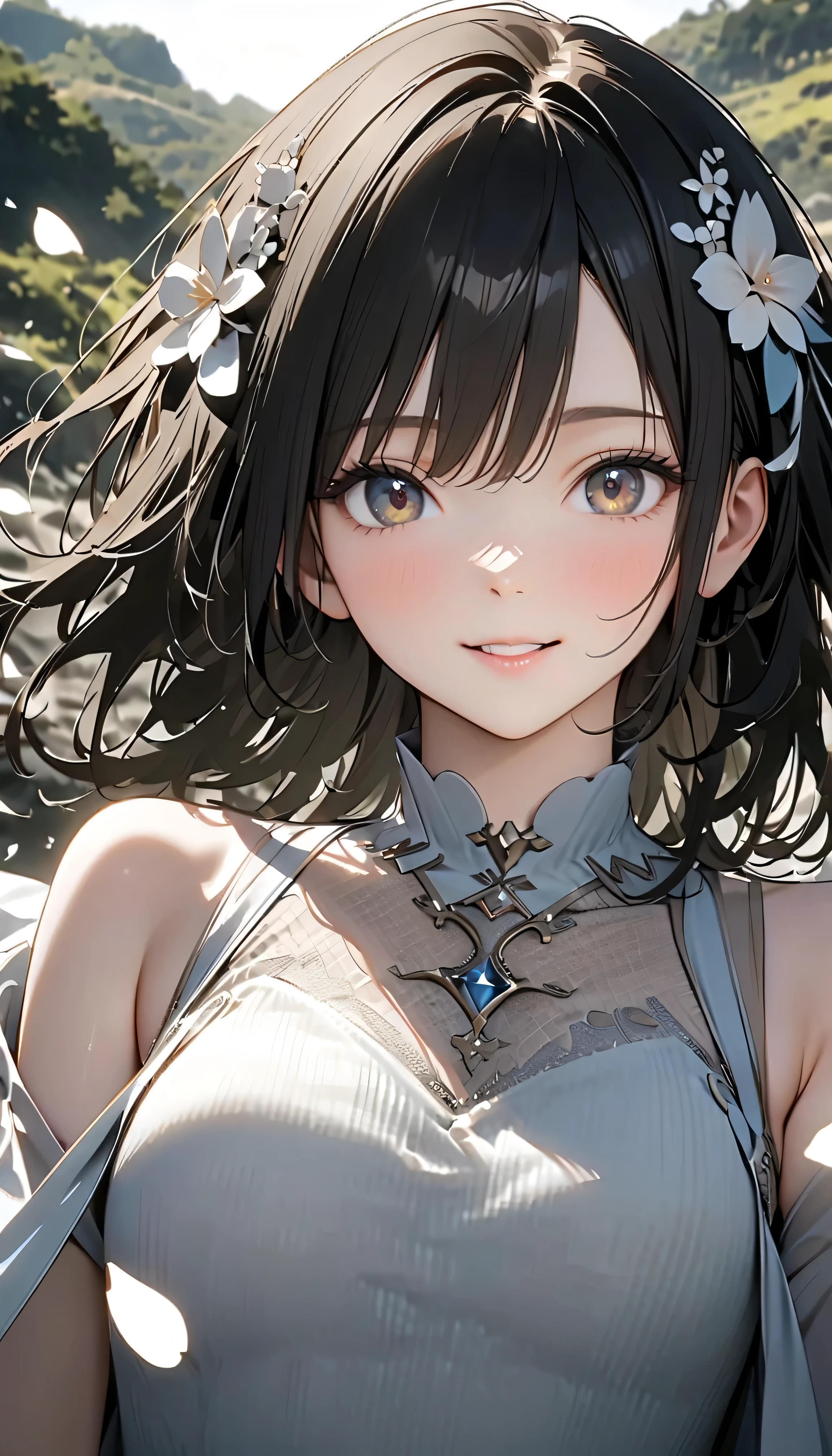 (Highest Quality:1.2, 非常にdetailsな, newest, Highest Quality, Best Aesthetics), 8K Ultra HD, 非常にdetailsな, details, Bold composition, (perfect human structure), beautiful and very delicate texture, (energetic, Digital Coloring, high contrast, masterpiece:1.2, Highest Quality, Best Aesthetics, wind), (white petals dance:1.2, ファンタジーのwind景:1.4), white petal background, delicate and dynamic, fantastic, Romantic and sweet style, コンセプトアートwind, Blessed Virgin Mary white dress, bright light, Beautiful World, New World, そよwindで舞う, accurate, dynamic angle, angel, 1 woman, upper body shot, black hair, young, textured skin, shiny skin, charming smile, Girl Beauty , Miraculous Beauty Symbol, (((White Flower Hair Accessory, white flower dress :1.2))), 2.5d, realistic