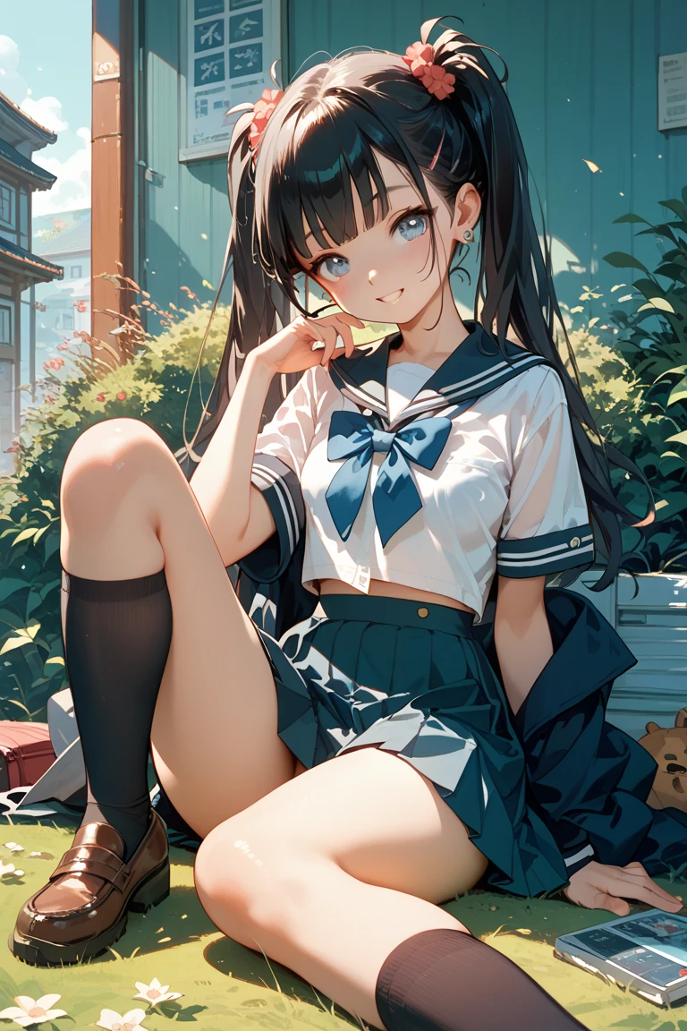 very cute and beautiful girl,(highly detailed beautiful face),
(smile),serafuku,pleated navy blue mini skirt,
sitting,(spread legs,laced white panties),looking at viewer,black hair,
flower garden,stone stairs,shrubbery,
(best quality,masterpiece:1.0),absurdres,highres,ultra-detailed,extremely detailed,32k,8k resolution,
intricate details,cinematic scene,detailed background,solo,dynamic angle,realistic,