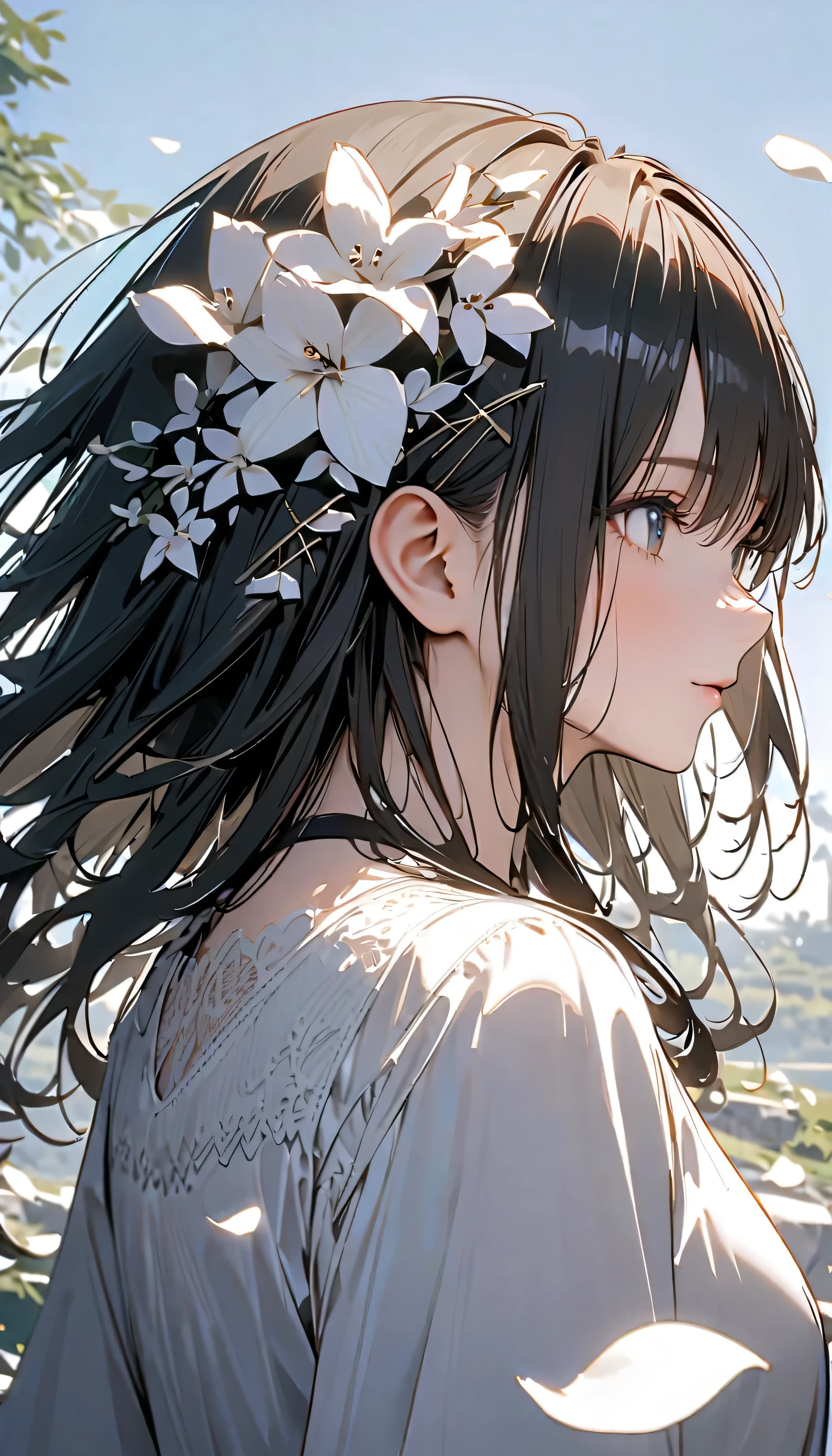 (Highest Quality:1.2, 非常にdetailsな, newest, Highest Quality, Best Aesthetics), 8K Ultra HD, 非常にdetailsな, details, Bold composition, (perfect human structure), beautiful and very delicate texture, (energetic, Digital Coloring, high contrast, masterpiece:1.2, Highest Quality, Best Aesthetics, wind), (white petals dance:1.2, ファンタジーのwind景:1.4), white petal background, delicate and dynamic, fantastic, Romantic and sweet style, コンセプトアートwind, Blessed Virgin Mary white dress, bright light, Beautiful World, New World, そよwindで舞う, accurate, dynamic angle, angel, 1 woman, upper body shot, black hair,  young, textured skin, shiny skin, charming smile, Girl Beauty , Miraculous Beauty Symbol, (((White Flower Hair Accessory, white flower dress :1.2))), 2.5d, realistic