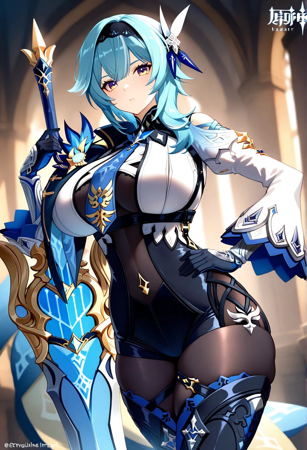 (ganyu \(genshin impact\)((masterpiece、8L、WAR Photo、highest quality、Realistic painting style、Cinematic Lighting、Backlight)) medium breasts、Great cleavage,A little bit of side boob is visible、Neck length laser tights、One Girl, alone,Long legs、Thin legs、Perfect Style、Long Hair, Blue Hair, Purple eyes,horn、Neck bell, Black 80 denier pantyhose, Removable sleeves, Black gloves, Pelvic Curtain、Dynamic pose, Has a bow weapon, Starry Sky、Night scene, (Particles of light: 1.1), Thick Fog、Crystal AI