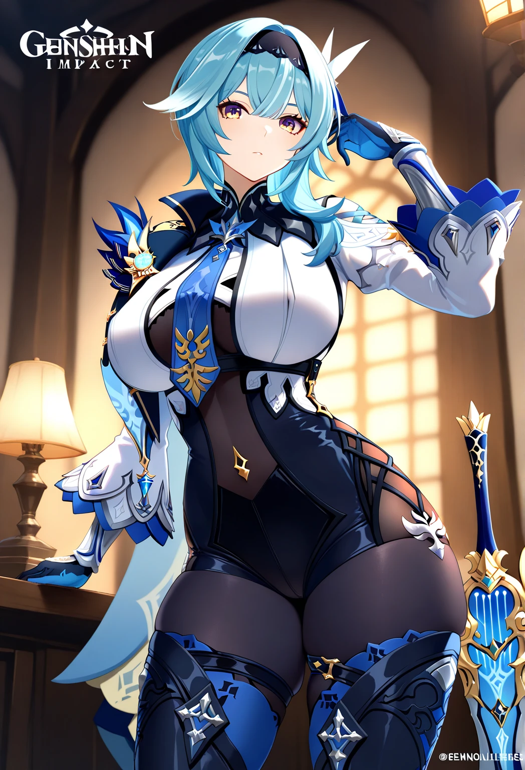 1girl, blue hair, short hair, black thighhighs, hairband, bangs, symmetry eyes, cityscape, night, detailed face, medium breasts, (looking at viewer:1.2), black kneehighs, pantyhose, smooth chin, (ulzzang-6500:0.7), (smile:0.9), (upper body:1.2), closed mouth, game cg, rendering, (photorealistic:1.2), fully naked,sweaty body,big boobs,pink