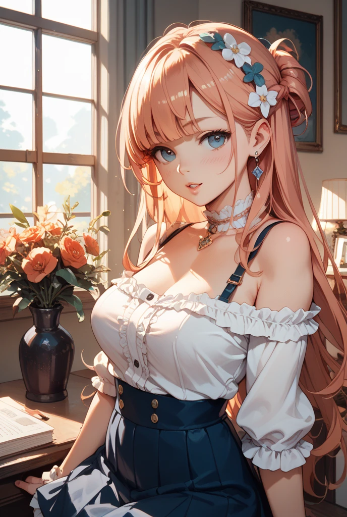 8K、quality、On a table、super high image quality、ultra - detailed、super beautiful、Ultra-realistic hair textures、anime illustration、Surreal sensibility、Whole body ESBIAN、mesmerizing looks、shave 、Off-the-shoulder blue yukata、Beutiful women、Long red hair、pony tails、eBlue eyes、Glowing and radiant skin、Very huge、Red lace breasts are super big、Glowing and radiant skin 、Clean skin、Japanese style room with daytime background,Big breasted 1.5,