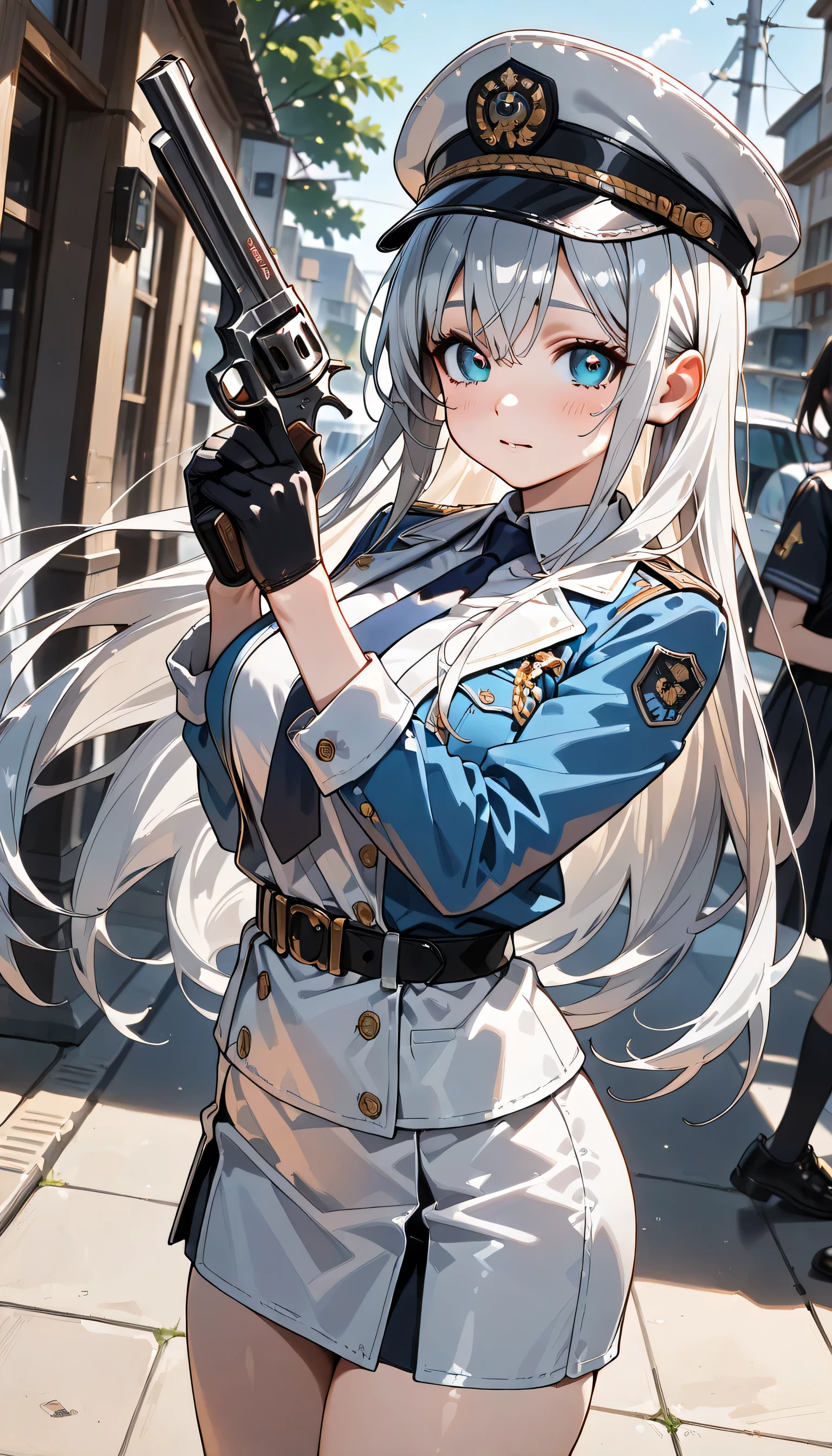 (soviet style:1),oil painting,photorealistic,masterpiece,best quality,highres,poster,
1girl,upper body,(slim:1.4),white hair,extremely long twintails,blue eyes,military uniform,military skirt,black pantyhose,loafers,
(tank:1.4),medium shot,