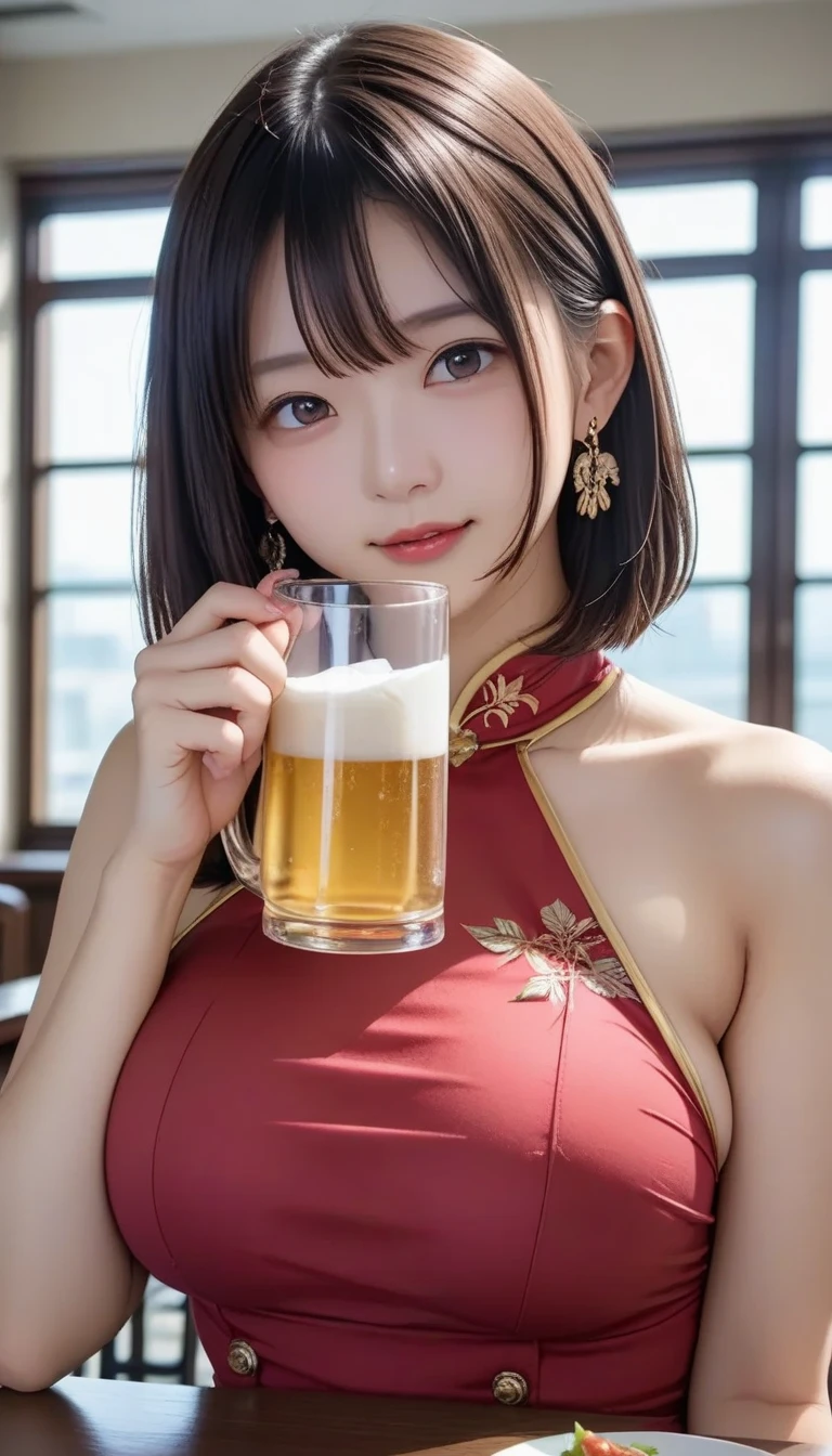 (high quality:1.2,Ultra-realistic) 、Detailed face、Detailed eyes、Beautiful Japanese Woman、22 years old、Black Hair,(Cleavage、(one shoulder out),(one breast out:1.3),The chest is on the table、ryokan, BREAK (wearing Japanese Checkered pattern yukata,obi),((ryokan yukata,onsen yukata)),Sitting at the table,  (Big smile,Happy expression:Pure joy),she has (short twin braids hair with side bangs) and、 (Holding a large beer mug on the table)、(no bra,braless:1.3),(blushing:1.5),(drunk),(oval Glasses),