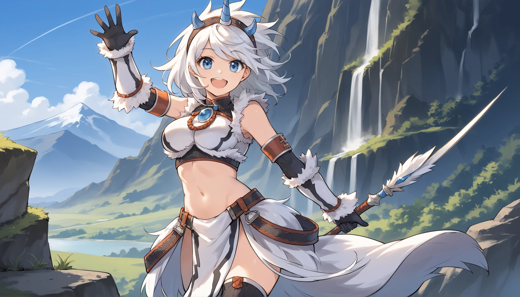 best quality, integrated scenery, integrated background, extremely delicate and beautiful, meticulous details, good composition, , cute face, perfect face,( score_9:0.9), score_8_up, score_7_up,rating_safe, anime style,(zPDXL), Armor , 1teen_girl, Alone, single_purple_horn Hairband, Blue Eyes , belly button,large_breasts, white loincloth , smile, mountain background, monochrome, white bandeau, armpit,raise_arm,(abs:0.65),smile,spiky_bangs,sunlight,spikey_shaggy_hair,oil,knee-highs,large_breasts, Waving_one_hand,open_mouth,midriff,