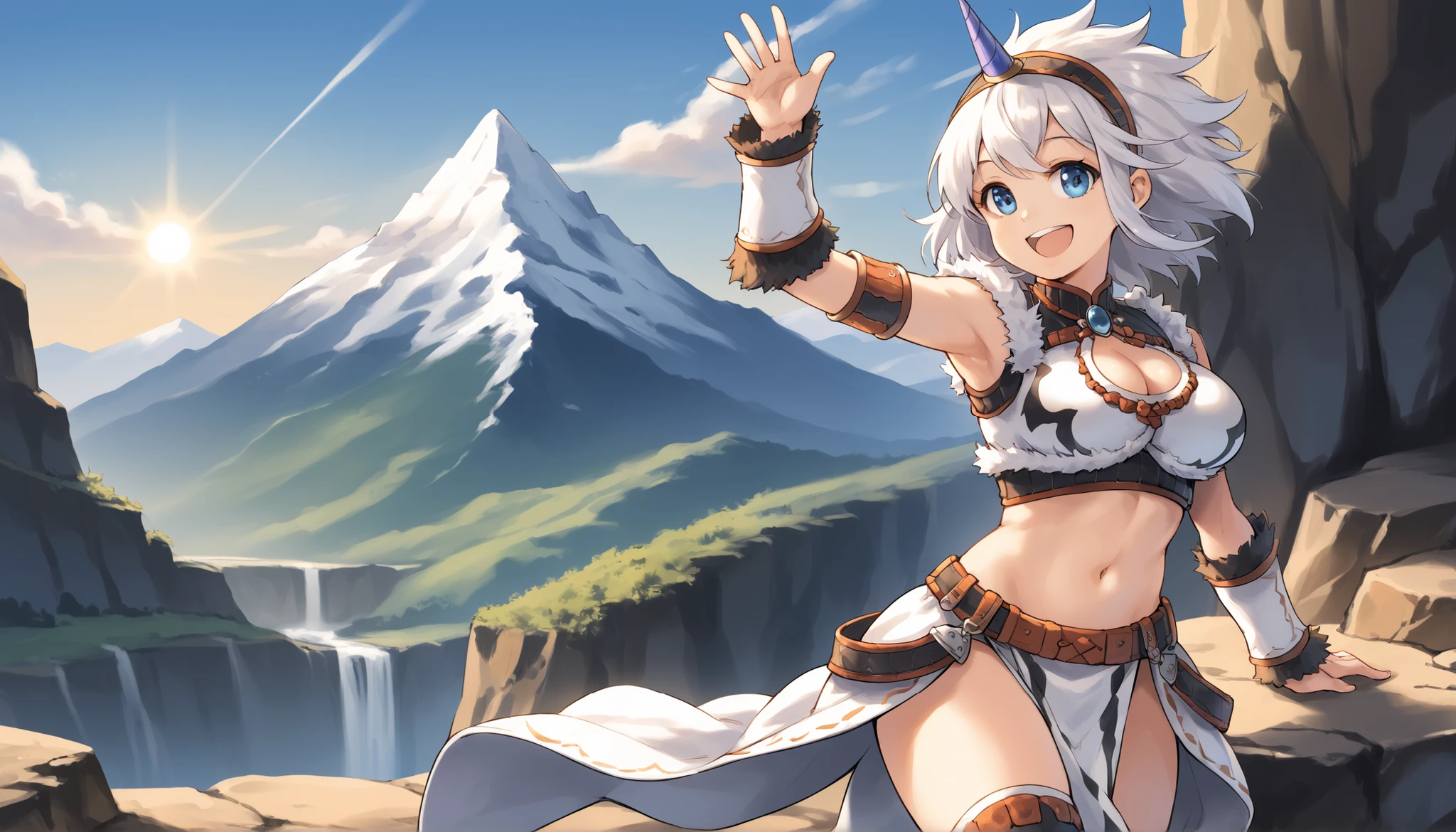 best quality, integrated scenery, integrated background, extremely delicate and beautiful, meticulous details, good composition, , cute face, perfect face,( score_9:0.9), score_8_up, score_7_up,rating_safe, anime style,(zPDXL), Armor , 1teen_girl, Alone, single_purple_horn Hairband, Blue Eyes , belly button,large_breasts, white loincloth , smile, mountain background, monochrome, white bandeau, armpit,raise_arm,(abs:0.65),smile,spiky_bangs,sunlight,spikey_shaggy_hair,oil,knee-highs,large_breasts, Waving_one_hand,open_mouth,midriff,