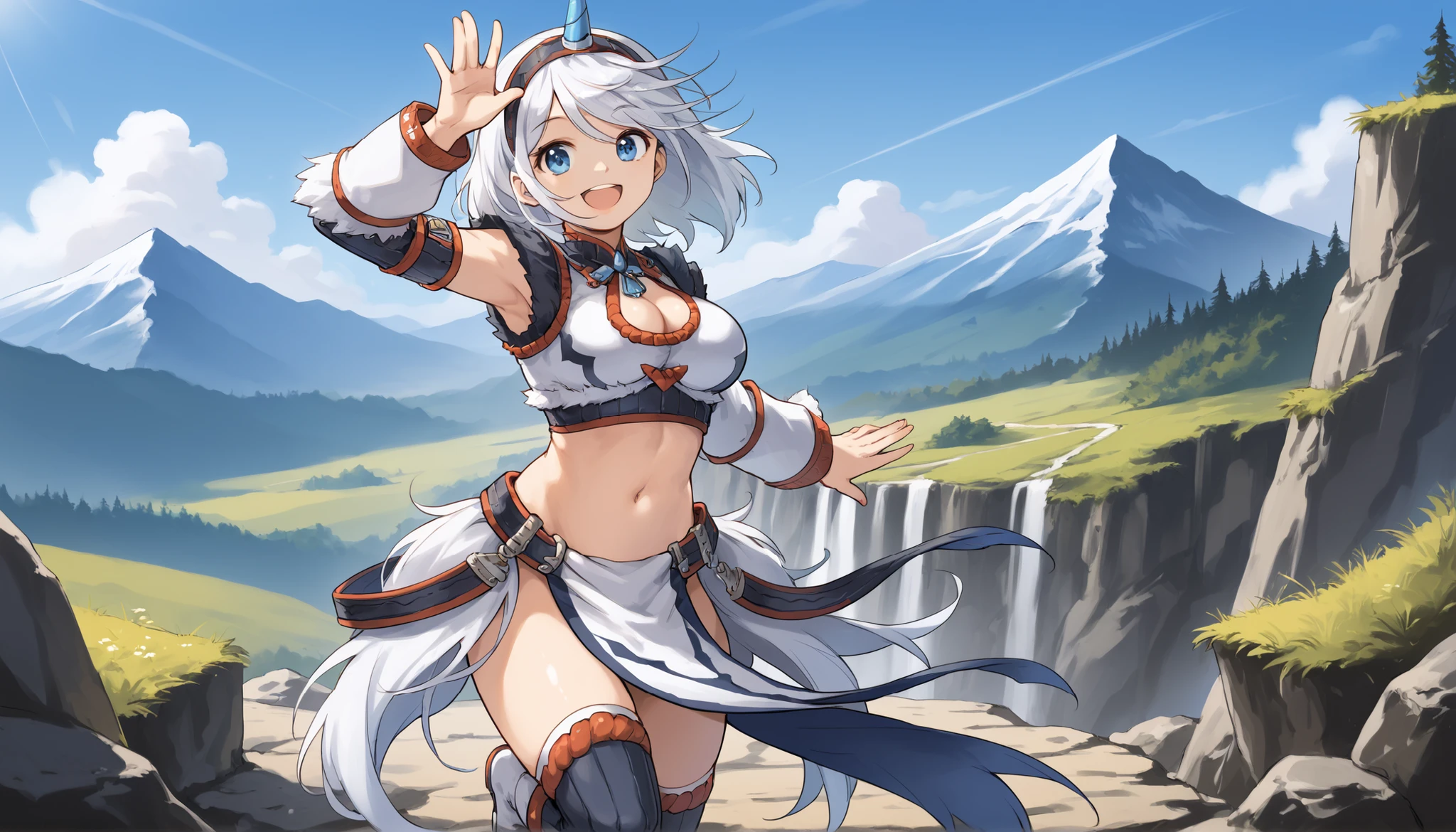 best quality, integrated scenery, integrated background, extremely delicate and beautiful, meticulous details, good composition, , cute face, perfect face,( score_9:0.9), score_8_up, score_7_up,rating_safe, anime style,(zPDXL), Armor , 1teen_girl, Alone, single_purple_horn Hairband, Blue Eyes , belly button,large_breasts, white loincloth , smile, mountain background, monochrome, white bandeau, armpit,raise_arm,(abs:0.65),smile,spiky_bangs,sunlight,spikey_shaggy_hair,oil,knee-highs,large_breasts, Waving_one_hand,open_mouth,midriff,