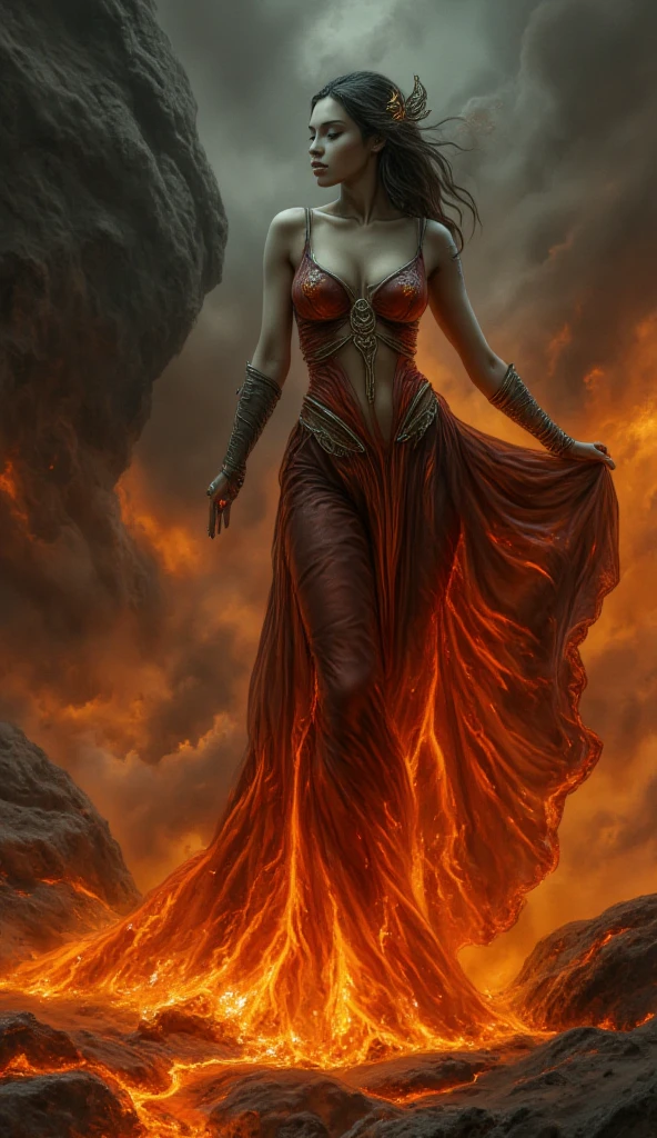 Arafed Mujer con un vestido de pie frente a un campo de lava, vestido hecho de fuego, Vestido de fuego, Vestido completo de Lava Showcase, Diosa de la lava y el fuego, Diosa del Fuego, Usando llamas de tumultus, Corrientes de lava caliente y brillante, Las llamas la rodean, De pie en el fuego, lava que fluye, hecho de lava, dramatic lighting from fire glow