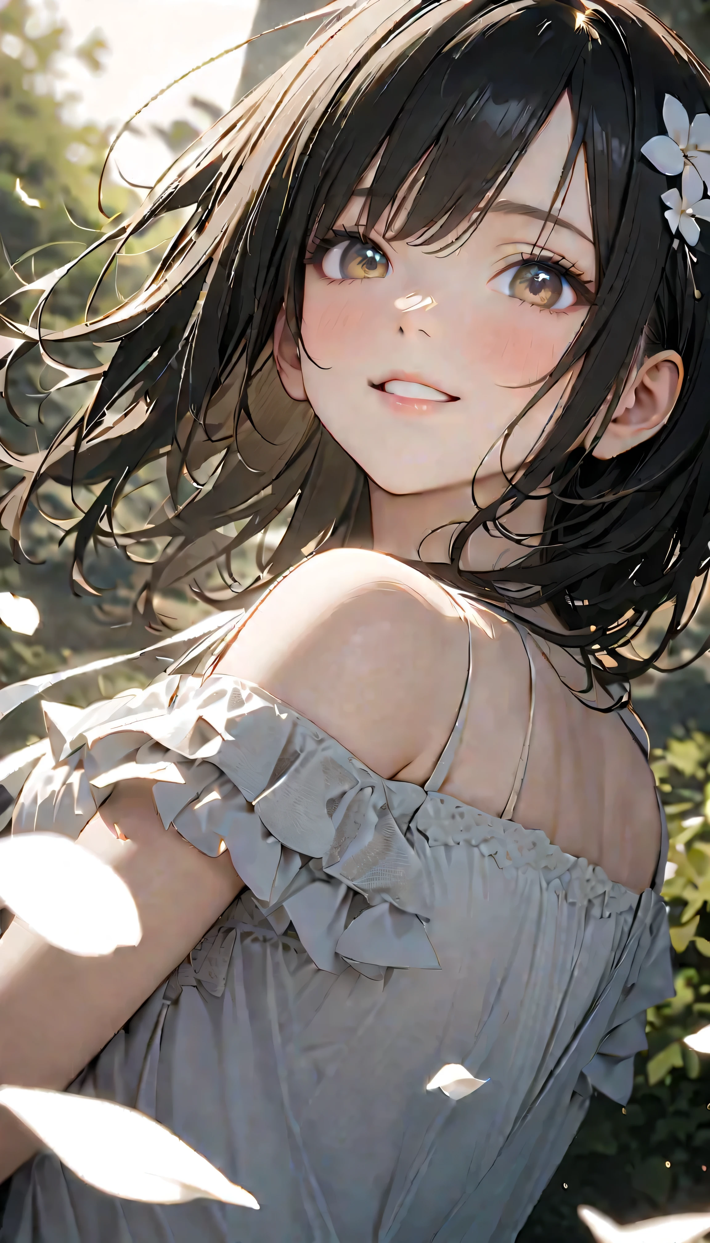 (Highest Quality:1.2, 非常にdetailsな, newest, Highest Quality, Best Aesthetics), 8K Ultra HD, 非常にdetailsな, details, Bold composition, (perfect human structure), beautiful and very delicate texture, (energetic, Digital Coloring, high contrast, masterpiece:1.2, Highest Quality, Best Aesthetics, wind), (white petals dance:1.2, ファンタジーのwind景:1.4), white petal background, delicate and dynamic, fantastic, Romantic and sweet style, コンセプトアートwind, Blessed Virgin Mary white dress, bright light, Beautiful World, New World, そよwindで舞う, accurate, dynamic angle, angel, 1 woman, upper body shot, black hair, young, textured skin, shiny skin, charming smile, Girl Beauty , Miraculous Beauty Symbol, (((White Flower Hair Accessory, white flower dress :1.2))), 2.5d, realistic