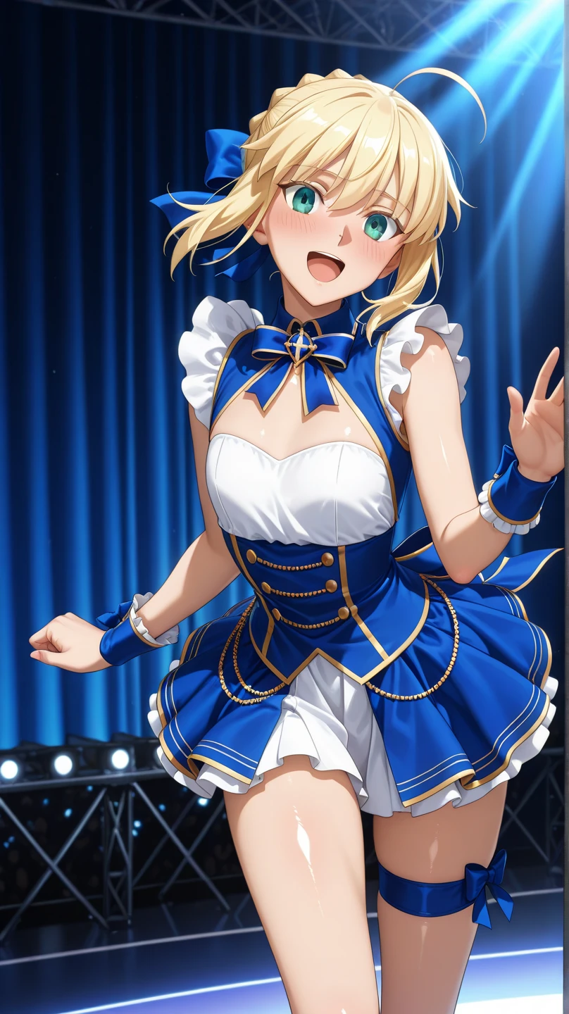 masterpiece,best quality, ultra-detailed,1girl(sakurai momoka, lovely small breasts, wavy hair, long hair, blonde hair, tiara,green eyes, half-closed eyes), smile, open mouth,facing viewer, looking at viewer, head tilt, solo, blue dress, ornate dress, cleavage, see-through, lace, frill, bows, garterbelt, white thighhighs, in the stage, dancing, cute dancing, mike grab , sing,singing