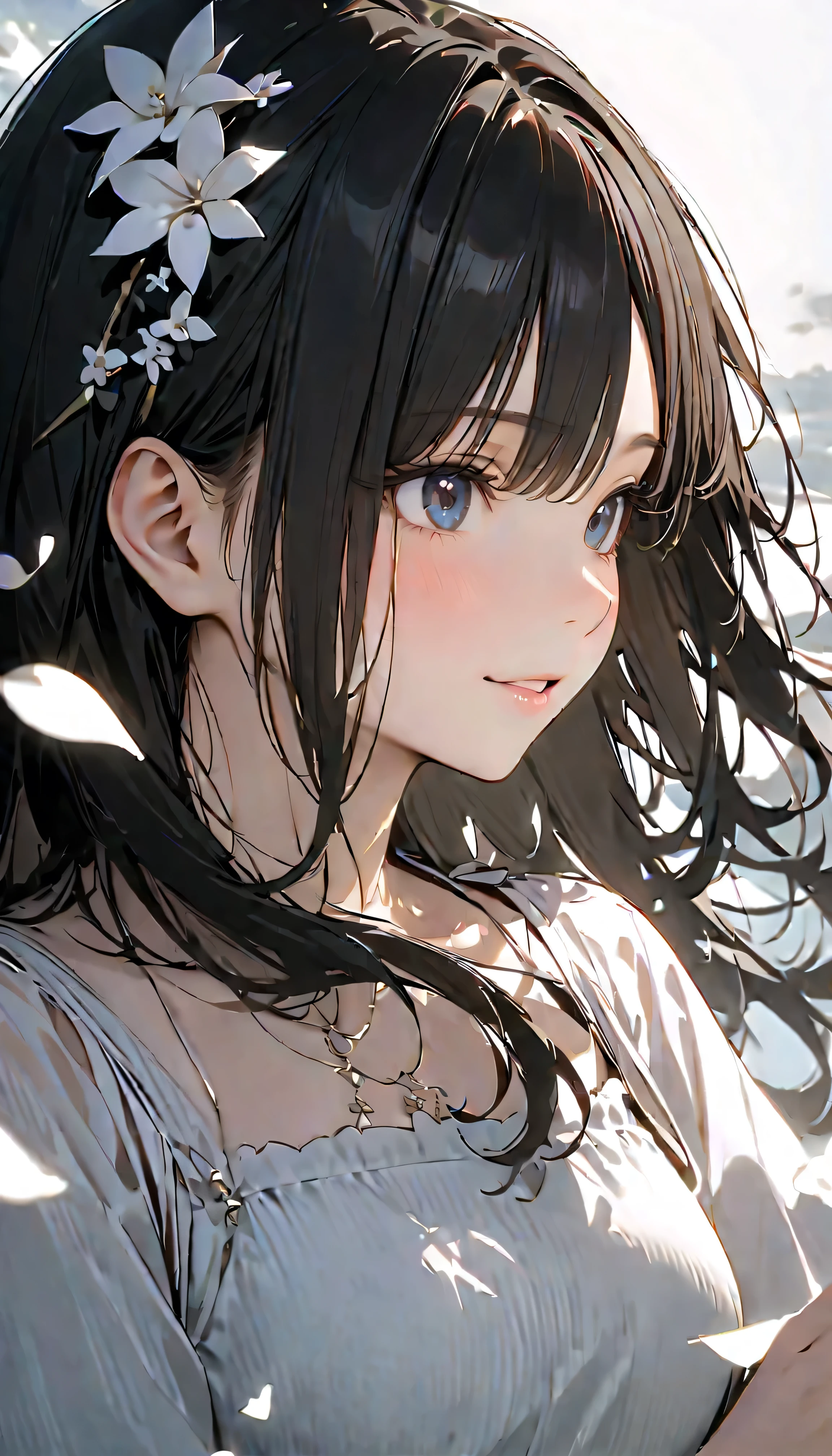 (Highest Quality:1.2, 非常にdetailsな, newest, Highest Quality, Best Aesthetics), 8K Ultra HD, 非常にdetailsな, details, Bold composition, (perfect human structure), beautiful and very delicate texture, (energetic, Digital Coloring, high contrast, masterpiece:1.2, Highest Quality, Best Aesthetics, wind), (white petals dance:1.2, ファンタジーのwind景:1.4), white petal background, delicate and dynamic, fantastic, Romantic and sweet style, コンセプトアートwind, Blessed Virgin Mary white dress, bright light, Beautiful World, New World, そよwindで舞う, accurate, dynamic angle, angel, 1 woman, upper body shot, black hair, young, textured skin, shiny skin, charming smile, Girl Beauty , Miraculous Beauty Symbol, (((White Flower Hair Accessory, white flower dress :1.2))), 2.5d, realistic