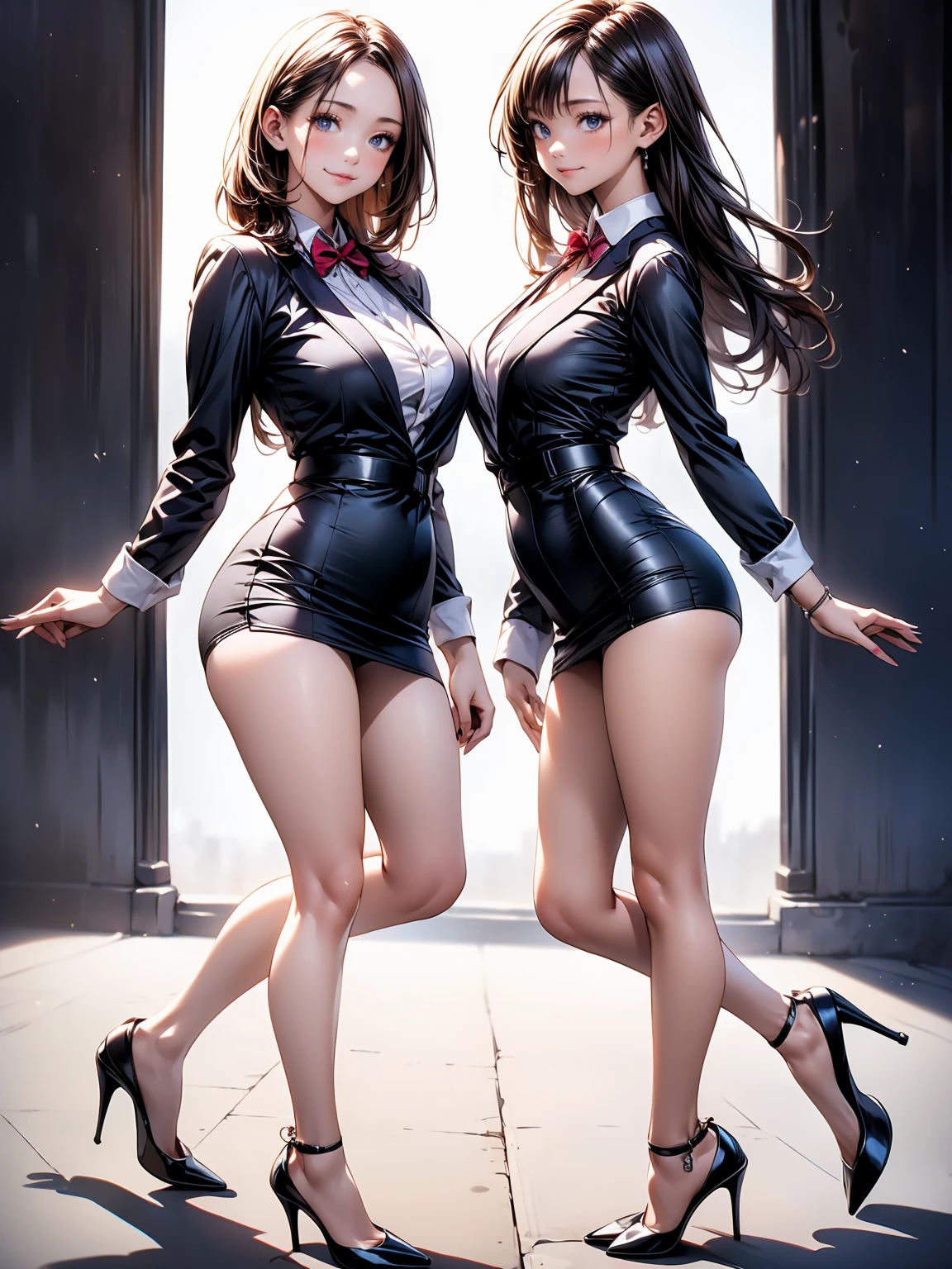 Show entire body, 2 females, wearing tight button down shirts, short skirts, pantyhose, no shoes, pulling open their shirts, various locations, shy smile, hugging, photorealistic, great detail