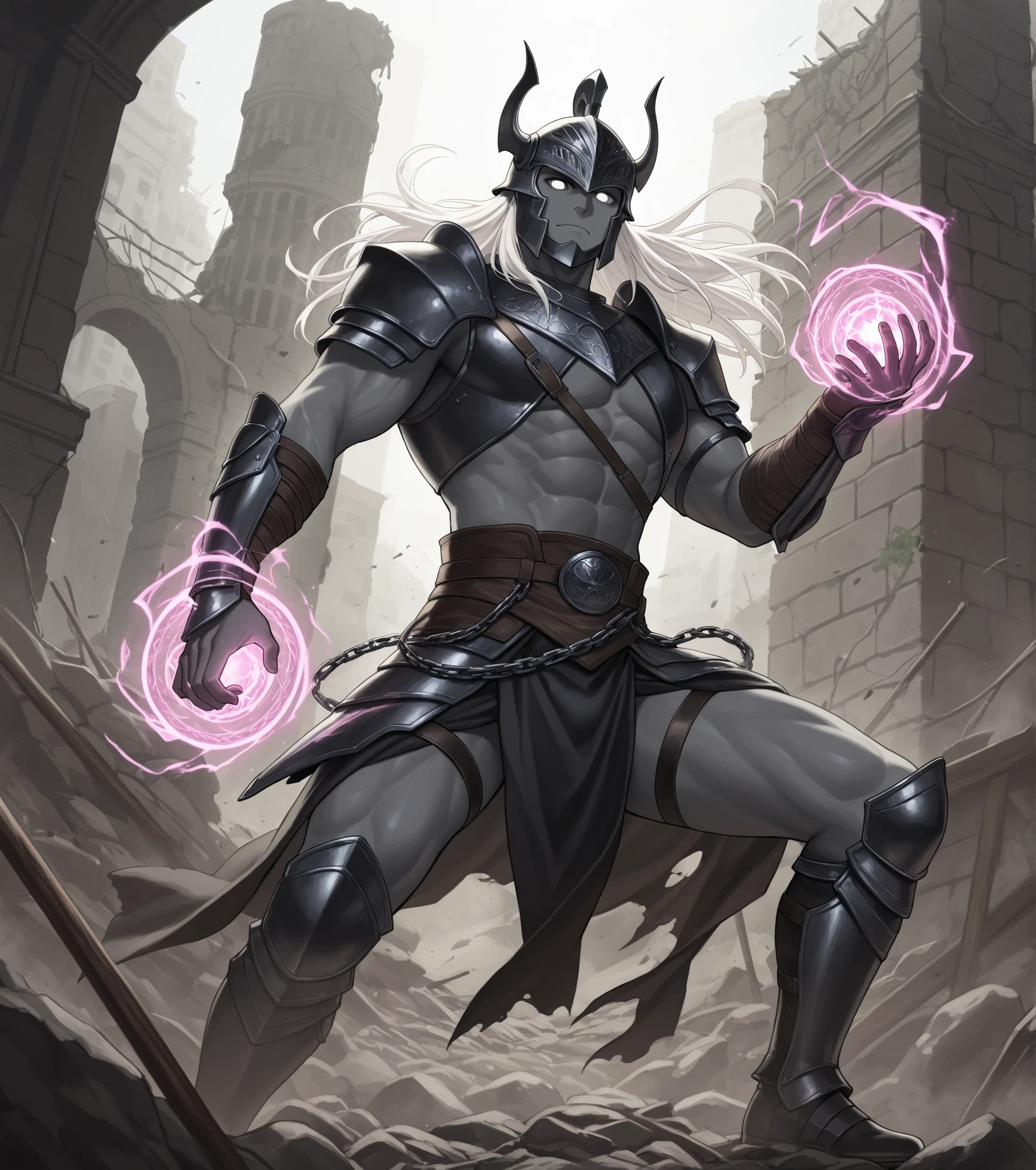 dark fantasy; темный эльф gladiator; grey skin and white eyes; white hair and eyebrows; male; gladiator; gladiator; reduces their defense; freestyle; Head in a helmet ; холодное оружие на chains; height; dynamic pose; around the ruins; metal magic; High detail; masterpiece; difficult pose; сильная metal magic; холоднон оружие огромное лезвие на chains; большой взрослый male; courageous ; metal magic; chains; male; in battle