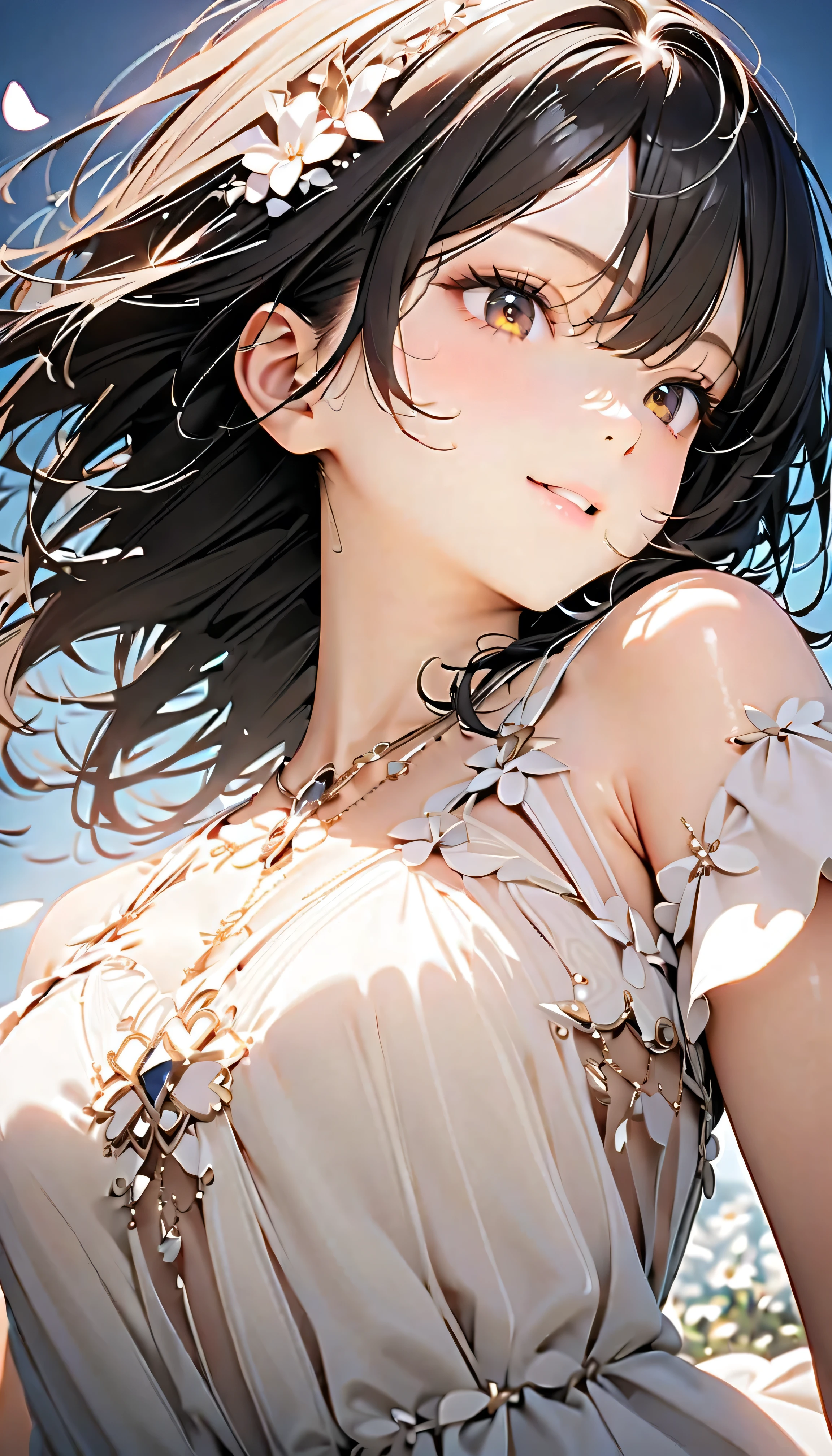 (Highest Quality:1.2, 非常にdetailsな, newest, Highest Quality, Best Aesthetics), 8K Ultra HD, 非常にdetailsな, details, Bold composition, (perfect human structure), beautiful and very delicate texture, (energetic, Digital Coloring, high contrast, masterpiece:1.2, Highest Quality, Best Aesthetics, wind), (white petals dance:1.2, ファンタジーのwind景:1.4), white petal background, delicate and dynamic, fantastic, Romantic and sweet style, コンセプトアートwind, Blessed Virgin Mary white dress, bright light, Beautiful World, New World, そよwindで舞う, accurate, dynamic angle, angel, 1 woman, upper body shot, black hair, young, textured skin, shiny skin, charming smile, Girl Beauty , Miraculous Beauty Symbol, (((White Flower Hair Accessory, white flower dress :1.2))), 2.5d, realistic