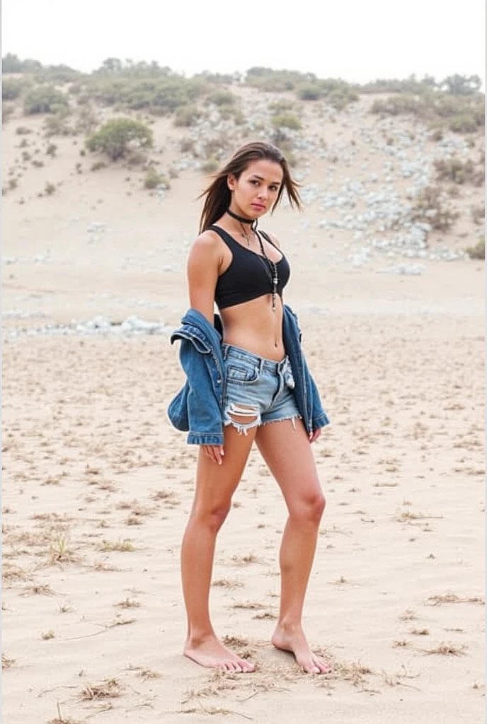 Best quality, full body portrait, delicate face, red short hair, ponytail, forehead, 18 year old girl, slim figure, huge bust, oversized crop top T-shirt, belly, small waist, crotch gap, cameltoe, low-waist shorts, string bikini bottoms, sunset bridge, scene, standing tall, long leg , necklace, rings, earrings, bracelet, watch, Nike Air Jordan, open legs