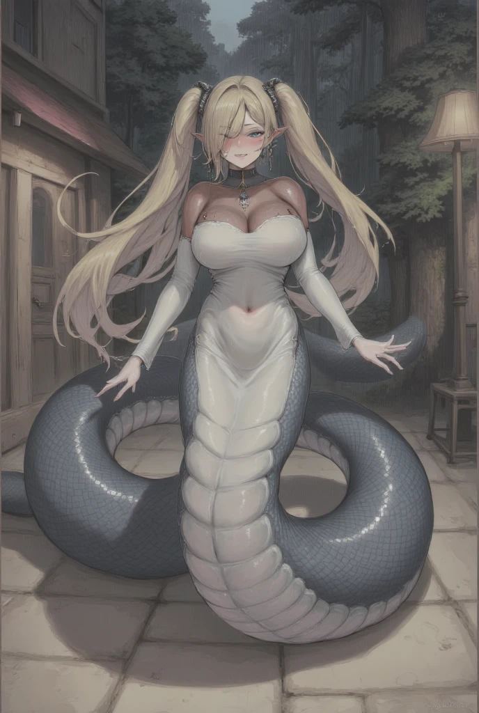 Lamia, long white hair, erect penis with gigantic balls, 4 arms, full body.