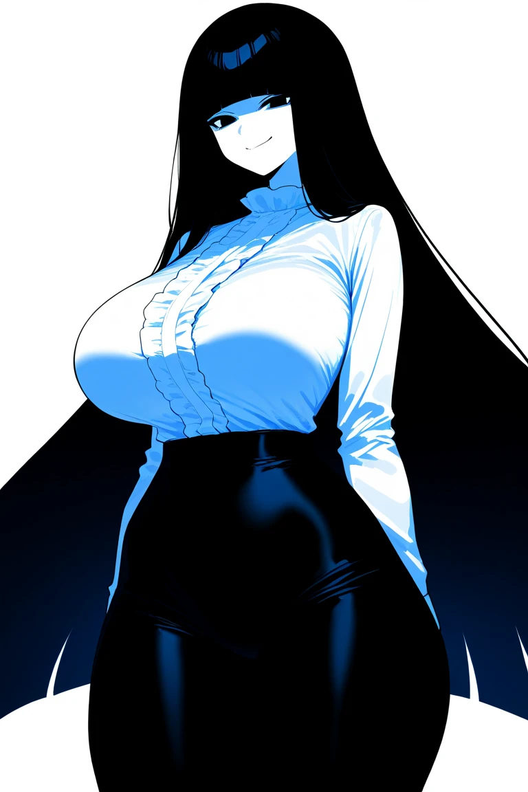 (masterpiece), (best quality), (ultra-detailed), ((girl, 29 years old)), an extremely delicate and beautiful, detailed eyes, minute details, (black hair, long hair, straight hair, hair between eyes), ((big breasts)), smile, open mouth, ((beautiful eyes)), (blue eyes), (upper body), she is wearing a blue dress, (detailed clothes), (detailed background, in a hospital, hospital hallway), (monochrome)