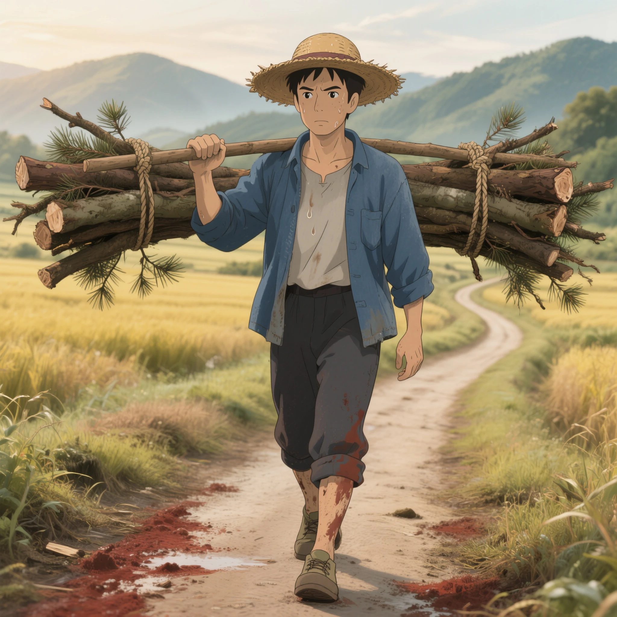 Healing illustrations,wide-angle lens,Hayao Miyazaki style, Looking down, you can see
In the early morning of the mountainous countryside in the 1980s,Yellowed film texture, Winding dirt road in the field, A thin man in his thirties wearing a washed blue jacket of coarse cloth, Dark trouser legs rolled up to the calves, The edge of the straw hat is worn to reveal the straw, Sweat beads on the bronze face, Frowning and staring at the road, Four bundles of firewood as thick as arms are tied with hemp ropes at both ends of the wooden shoulder pole, Scattered pine needles are exposed in the gaps between the firewood branches, The man slightly bends to keep his balance, The hands covered with calluses tightly grasp the middle of the shoulder pole, The soles of the canvas shoes are stained with moist red mud, The shoulder pole is slightly bent due to the weight, The firewood bundle sways regularly with the steps, Walking steadily on the narrow road in the field