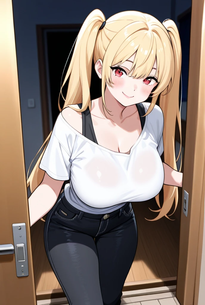 Chica de anime con cabello largo y rubio con camisa blanca y pantalones cortos azules, OPPAI, biomechanical oppai, official anime still, Proporciones OPPAI, con unos pechos grandes, Omina Tachibana, seductora chica de anime, Chica rubia de anime con cabello largo, Mejor chica del anime, pechos grandes!!, pechos grandes!, con senos grandes,