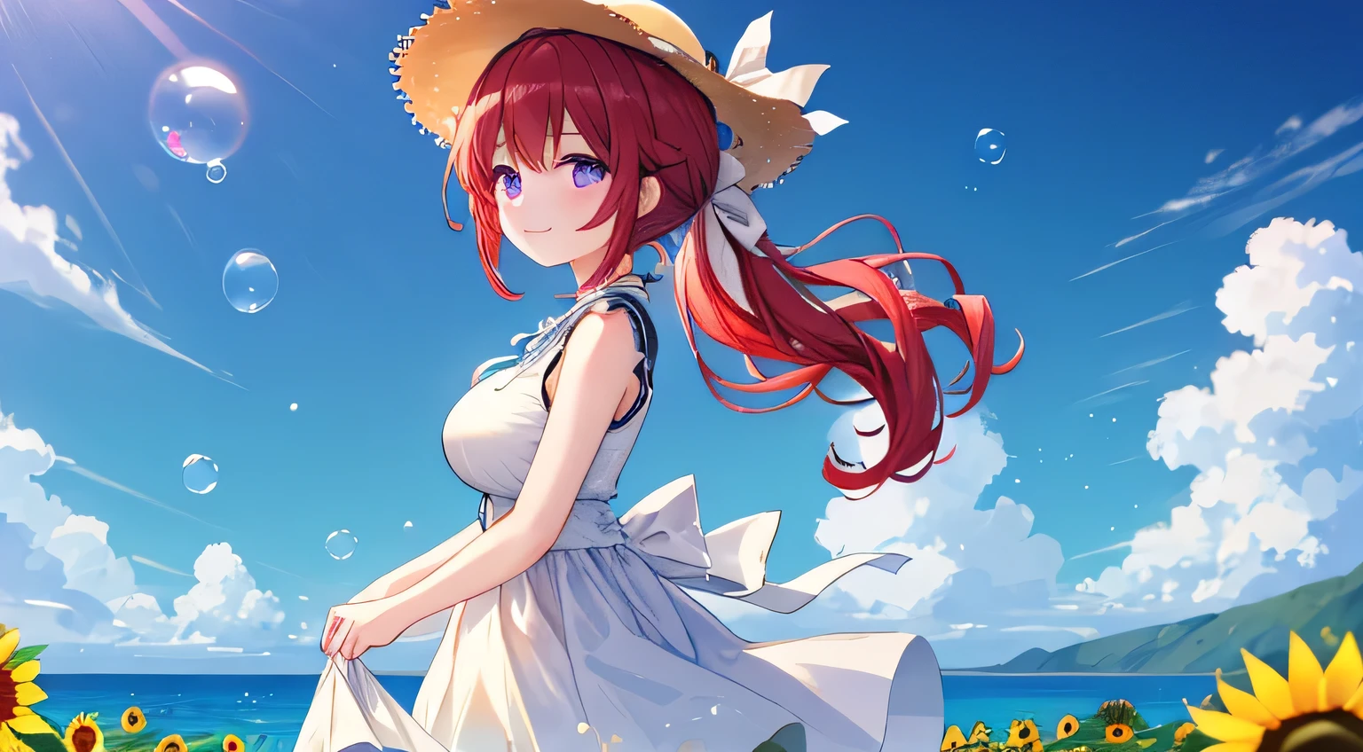red hair with drills、ponytail、Purple eyes、big breasts、beautiful、 lori、One woman、A gentle smile on his face。She is wearing a beige sleeveless dress、The white ribbon is attached to the straw hat。Standing in a sunflower field on a hill、Feeling the fresh breeze while looking at the distant ocean。The background is the blue sky and the vividness of the sunflowers、and the ocean shining with the waves spreading out。There are soap bubbles flying around her。