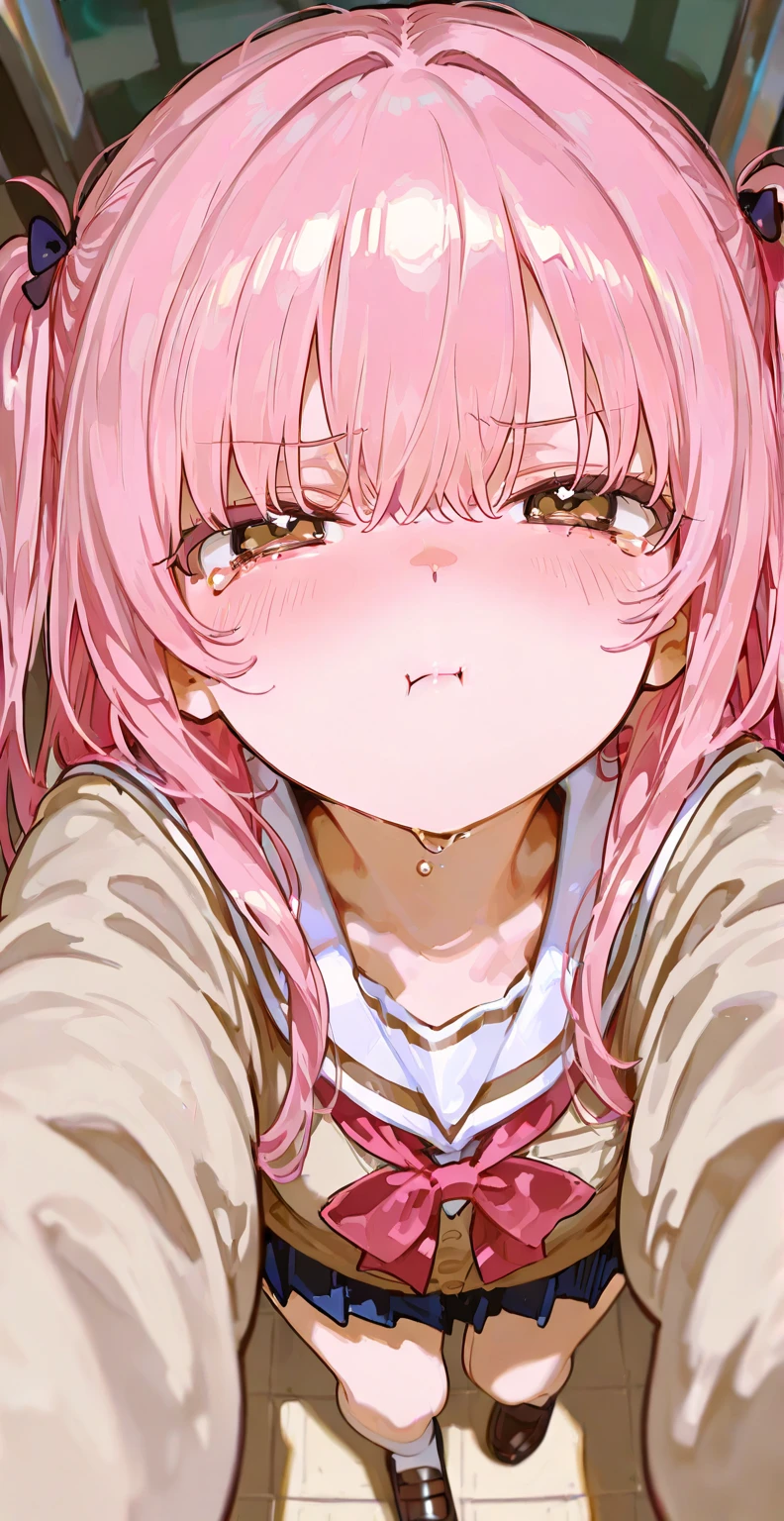 A girl surrounded by muscular men、Crying face、Pink Hair、blue eyes