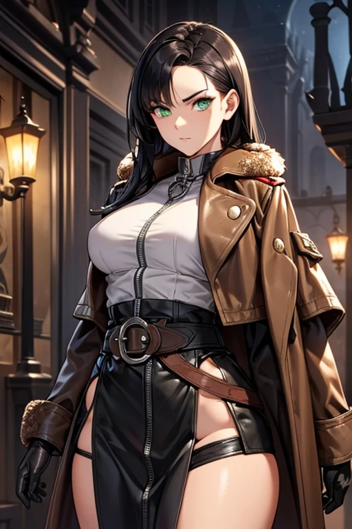 Aerith, 1girl, solo, standing, black t-shirt, white shirt, blue jeans, belt, lipstick, large breasts, layered sleeves