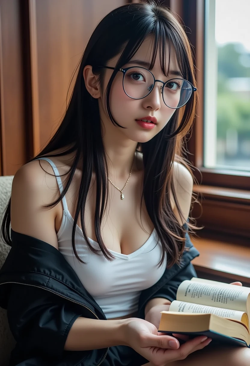 sunset, on the mountain, Korean woman, laugh, backlight, laugh, Korean woman, (big bust: 1.3), ultra high definition, Look deeply, open shoulder sweater, ripped jeans, round glasses, round glasses frame, cold face, (masterpiece, 8k, ultra high definition: 1.3)