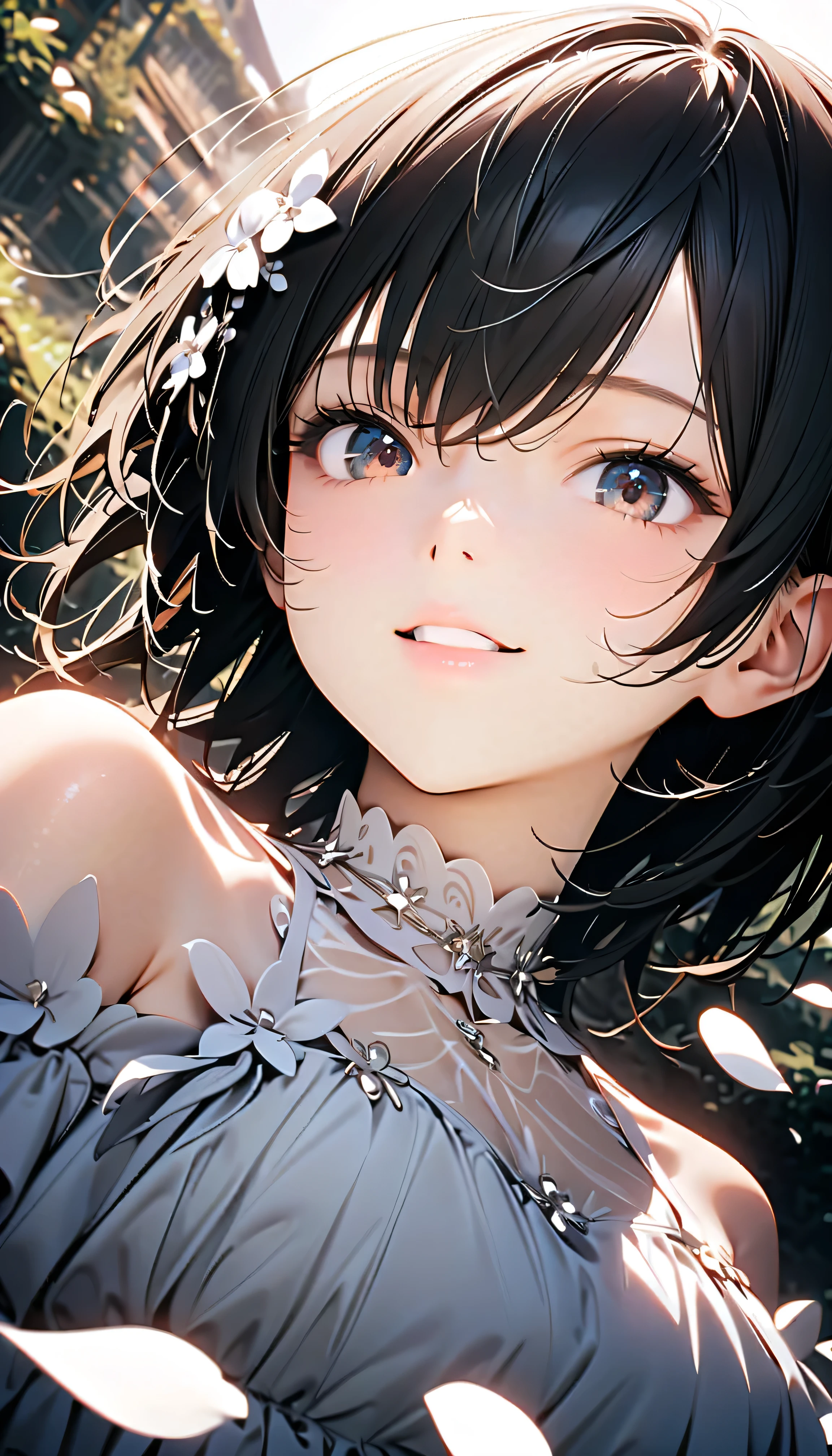 (Highest Quality:1.2, 非常にdetailsな, newest, Highest Quality, Best Aesthetics), 8K Ultra HD, 非常にdetailsな, details, Bold composition, (perfect human structure), beautiful and very delicate texture, (energetic, Digital Coloring, high contrast, masterpiece:1.2, Highest Quality, Best Aesthetics, wind), (white petals dance:1.2, ファンタジーのwind景:1.4), white petal background, delicate and dynamic, fantastic, Romantic and sweet style, コンセプトアートwind, Blessed Virgin Mary white dress, bright light, Beautiful World, New World, そよwindで舞う, accurate, dynamic angle, angel, 1 woman, upper body shot, black hair, young, textured skin, shiny skin, charming smile, Girl Beauty , Miraculous Beauty Symbol, (((White Flower Hair Accessory, white flower dress :1.2))), 2.5d, realistic
