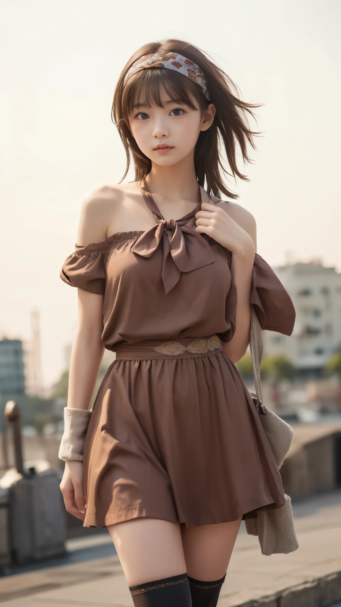 Petite beautiful girl、slender body line、tight waist、beautiful breasts、(detailed hands:1.3, perfect right hand:1.hort hair、nice brown hair、bandana、high knee socks、