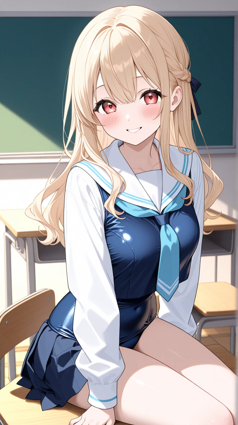(Anime works, Anime Style, Studio Anime, Very detailed, Latest, Vibrant, Anime Coloring, High Contrast, masterpiece:1.2, Highest quality, Best aesthetics), A woman wearing a sailor suit, Pleated skirt, Big Breasts, hair accessory, Thighs glimpsed,White see-through panties、 blonde, Straight long hair, Perfect proportions, Skin with attention to detail, cute, Detailed face, Random sexy poses, School classroom, Accurate Fingers,