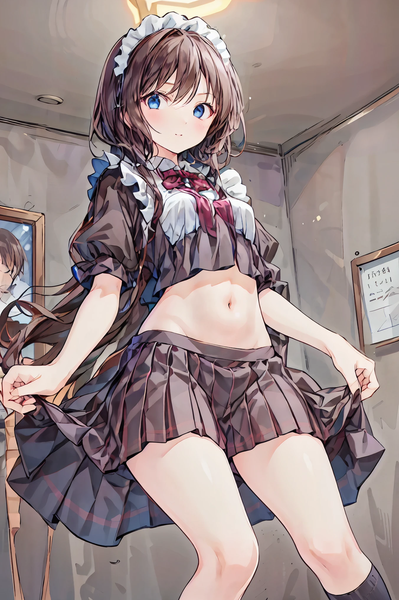 1 girl、maid、is sitting、frill socks、from below、 Ashikiri、embarrassing、 Bicycle shorts、puffy lips、toeless legwear、Cross Lace Legwear、masterpiece、Highest Quality、 Hair,shortcuts,unkempt hair,Short braided hair,Neat, slender beautiful woman, correct posture,Small chest,beautiful leg,captivating grey-blue eyes shine like stars,droopy eyes,bright colors,beautiful eyes on my stomach,A delicate smile,Textured Skin,best quality, gentle and beautiful woman ,anime style、