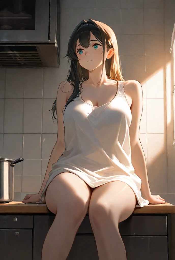 1 girl, ((naked)), (((visible pussy))), ((sitting having breakfast in the kitchen)), ((transparent seat)), (((NSFW)))