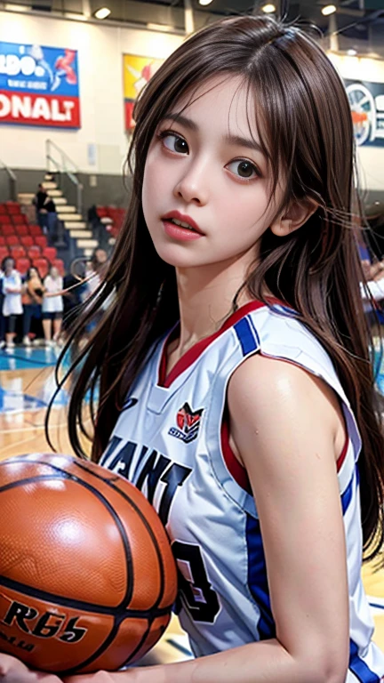 (Surreal)、(A high resolution)、(8K)、 (The is very detailed)、(Ultra clear skin pores)、(top-quality、tmasterpiece:1.3)、Beautiful girl in basketball uniform、at basketball court,Playing the Basketball,1womanl、Midsummer、(jiayi:1.5), closeup cleavage, tmasterpiece, best qualtiy, RAW photogr, realisticlying, the face, Incredibly Ridiculous res, depth of fields, A high resolution, ultra - detailed, finedetail, The is very detailed, Extremely detailed eyes and face, Sharp pupils, realistic pupil, tack sharp focus, cinmatic lighting