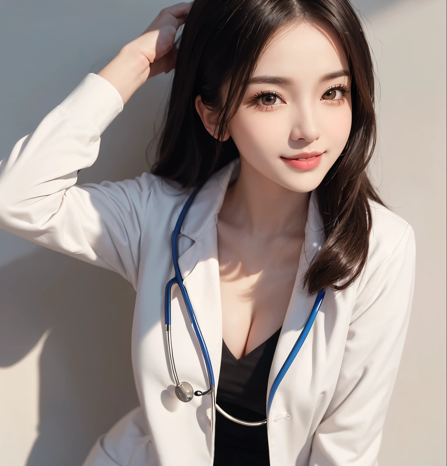 Beautiful young woman、 Korean women、Brown Hair、Necklace around the neck、White、Stethoscope、Tie your hair back、Please open your mouth a little、hair band、Intricate details, Very detailed:1.2), 、 Looking into the camera,The background is a hospital corridor.、ear piercing
